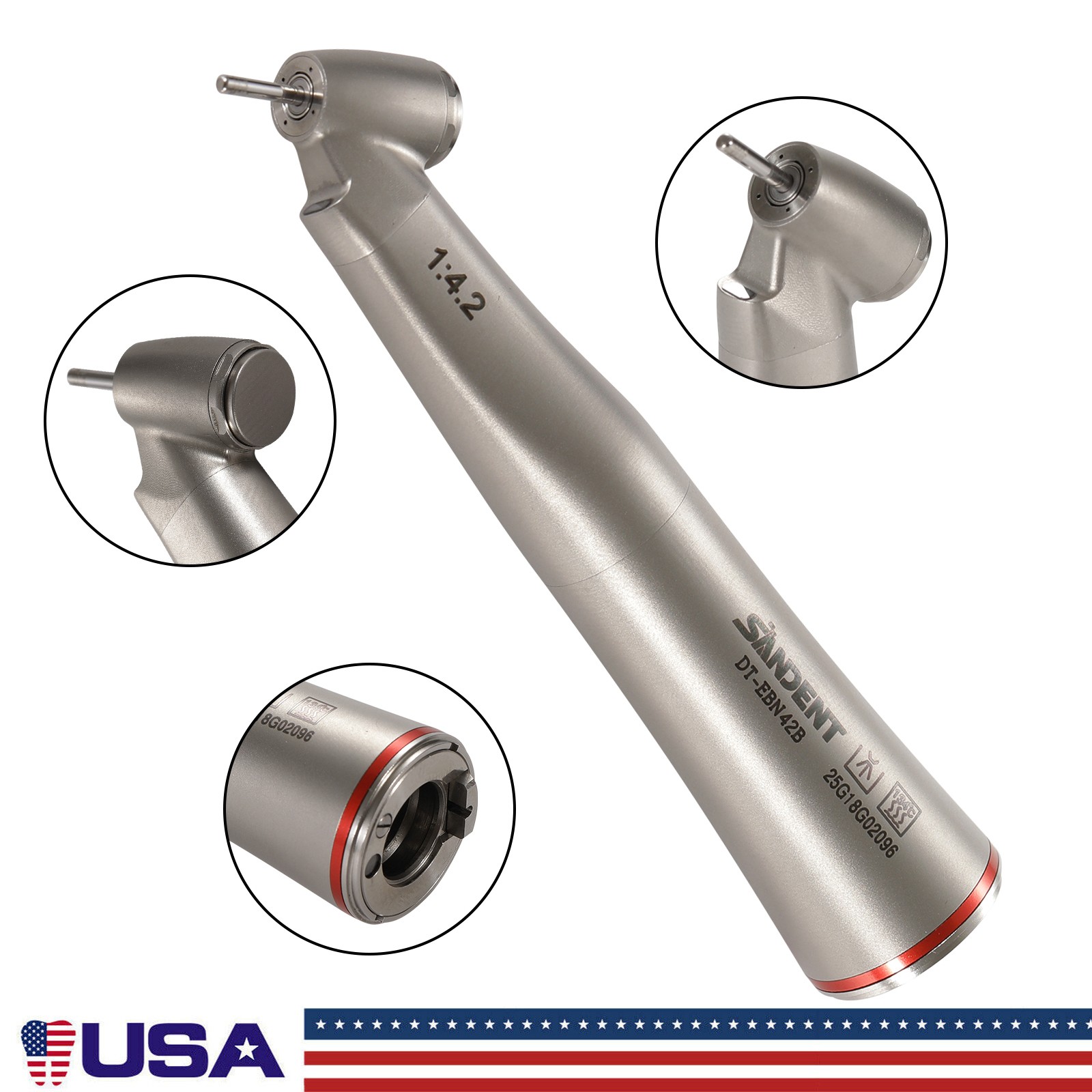 Dental LED Handpiece 1:4.2 Contra Angle 45° LED Fiber Optic Turbine Inner UPS