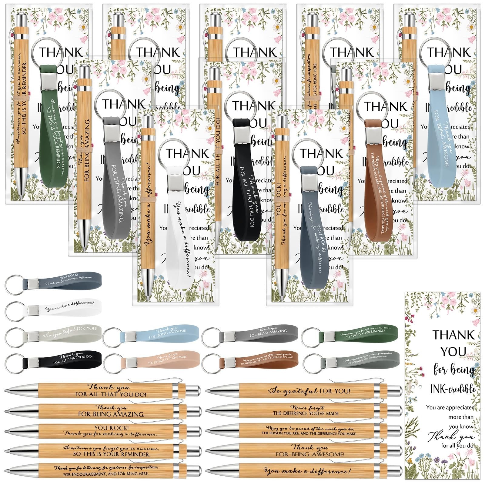 Geyoga 30 Sets Thank You Gifts Bulk Inspirational Silicone Keychain Bamboo Pe…