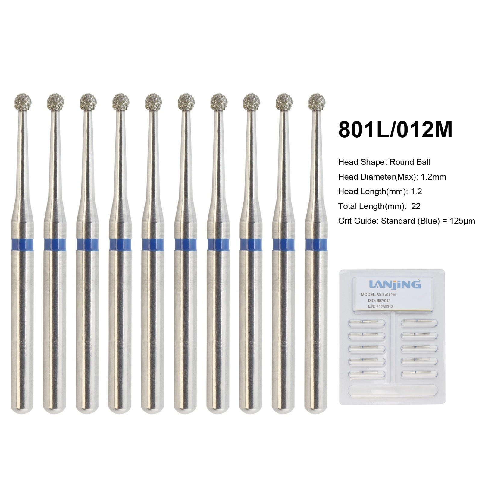 Multi-Use Dental Diamond Bur Long Round Ball 801L/012M Surgical Friction Grip FG