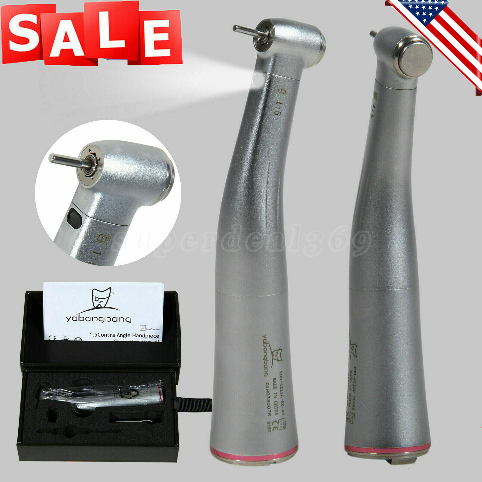 NSK Style Dental 1:5 Increasing LED Contra Angle Handpiece Push Button YBB-W5