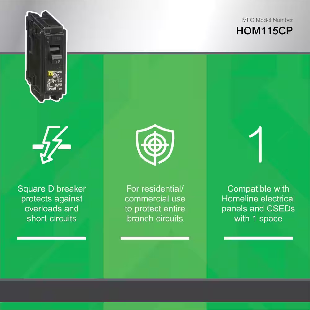 Homeline 15 Amp One-Pole Circuit Breaker HOM120CP, Square D Breakers 120/240 VAC