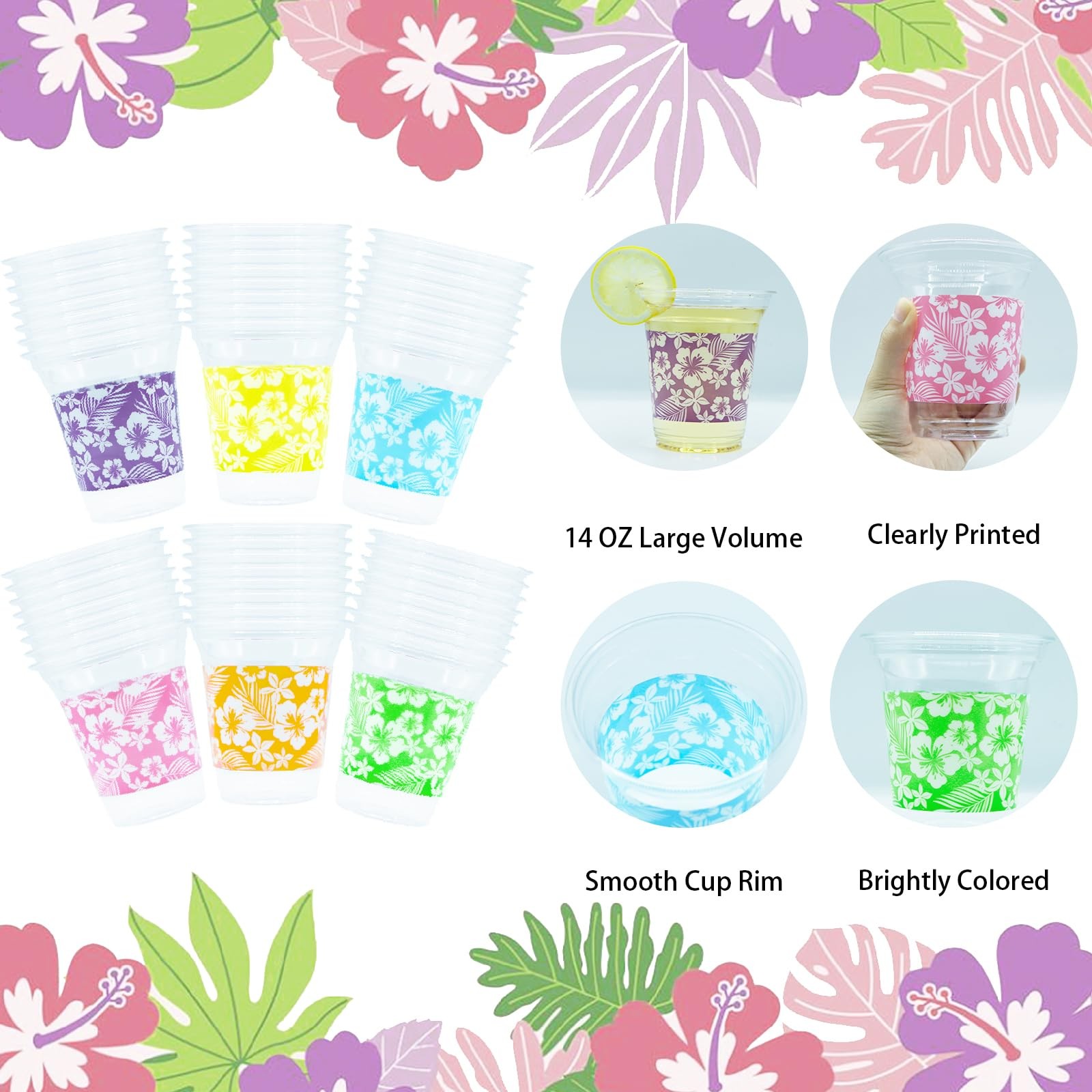 48 Pack 14 OZ Hawaiian Luau Plastic Cups Tropical Party Disposable Aloha Cup