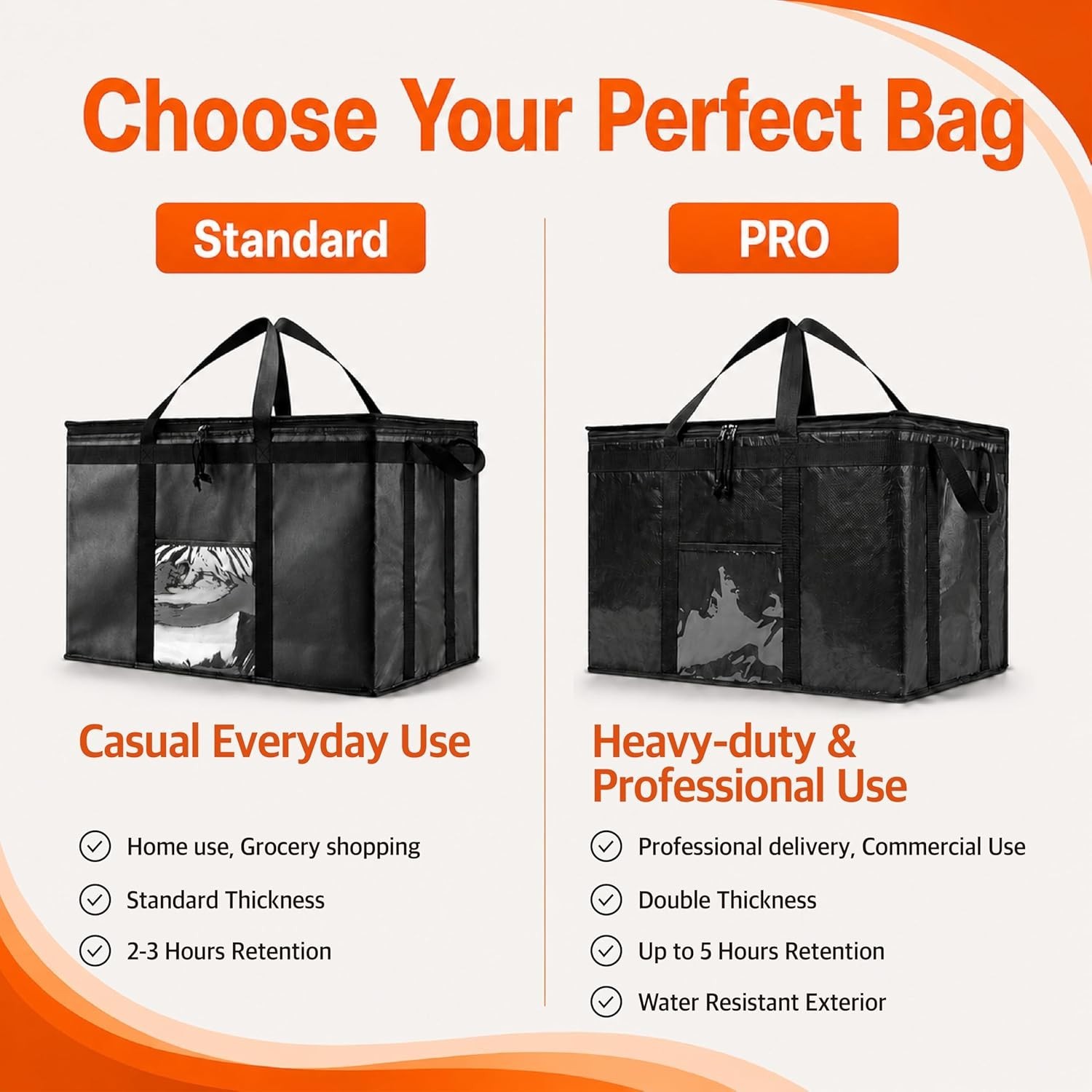 Durable Insulated Bag for Food Delivery, Reusable Cooler with Slip Pocket