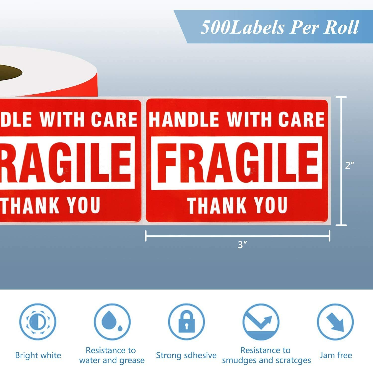 500 Per Roll 2×3 FRAGILE HANDLE WITH CARE Stickers, Easy Peel and Apply