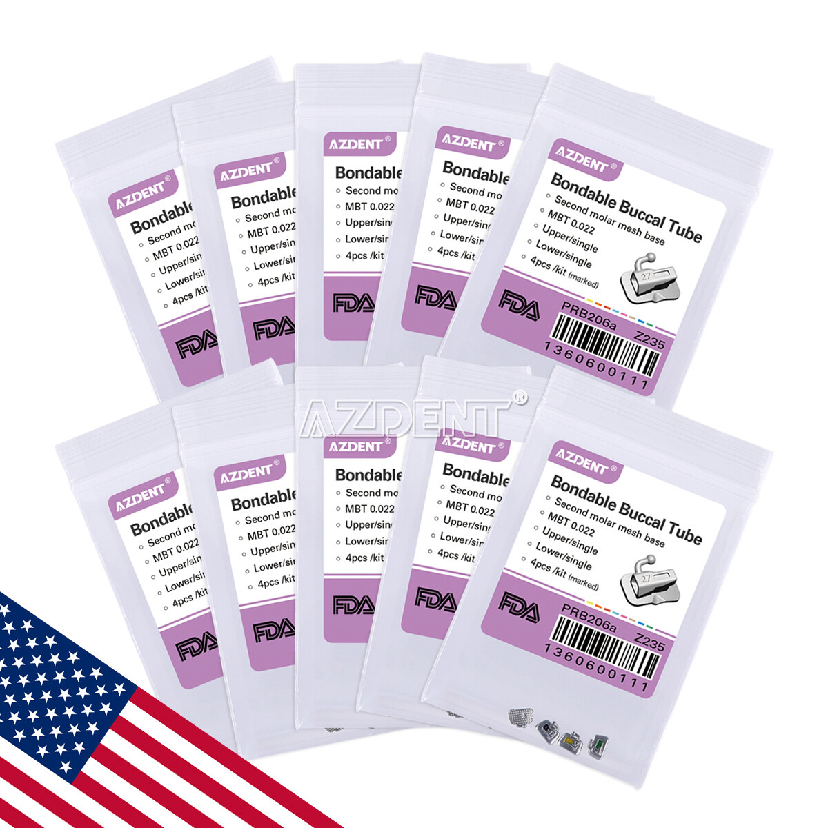 AZDENT Dental Orthodontic Bondable Buccal Tubes MBT/Roth 022 1st Molar Non-Conv