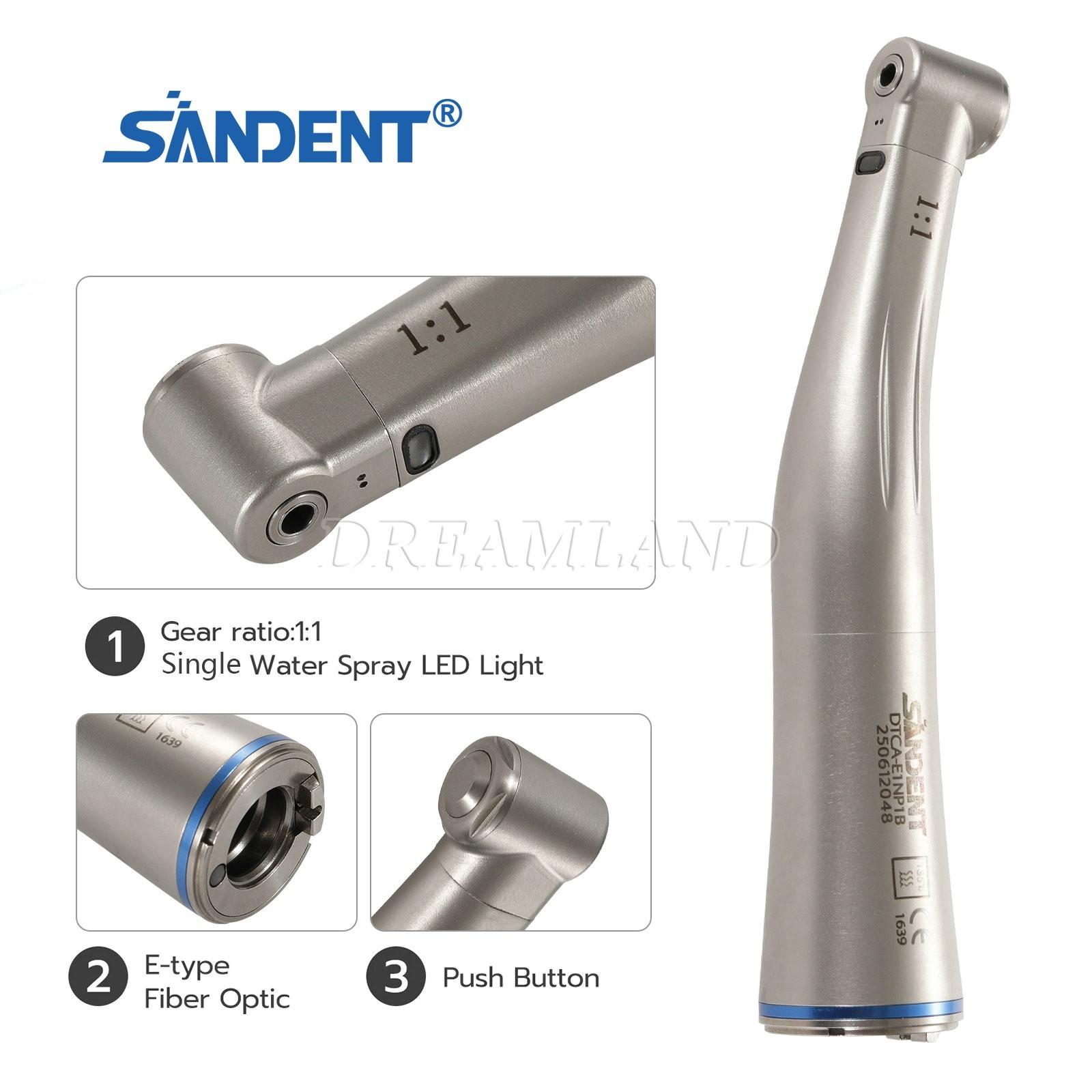 Dental 1:1 LED Light Fiber Optic Contra Angle Handpiece Fit E-type Motor DT USA