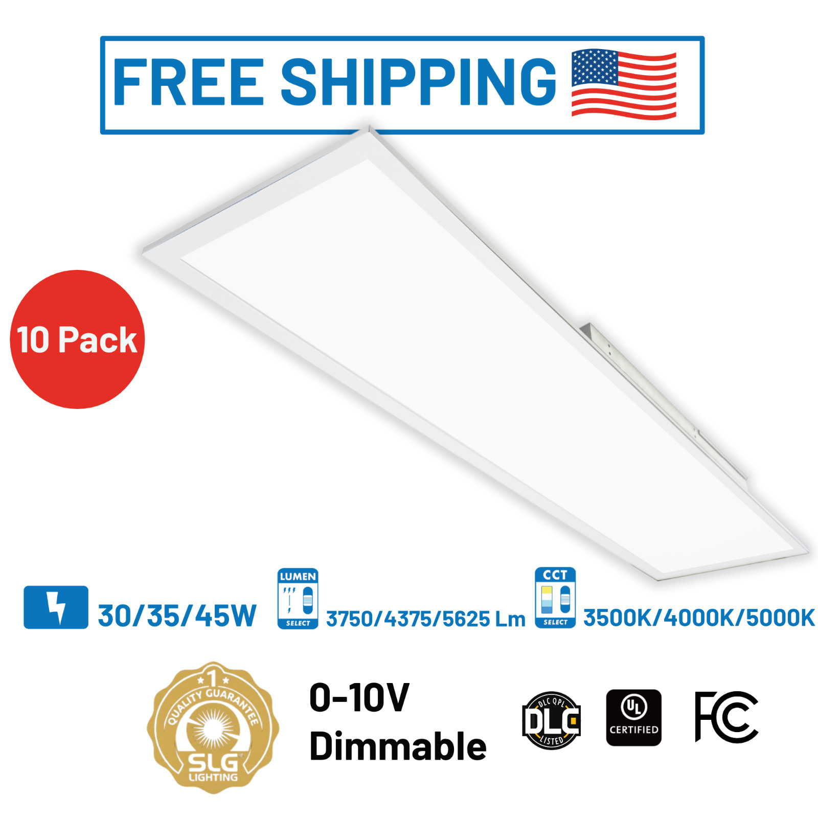 10 Pack 1×4 LED Flat Panel Shop Office Ceiling Light Selectable 5000K/4000K/3500