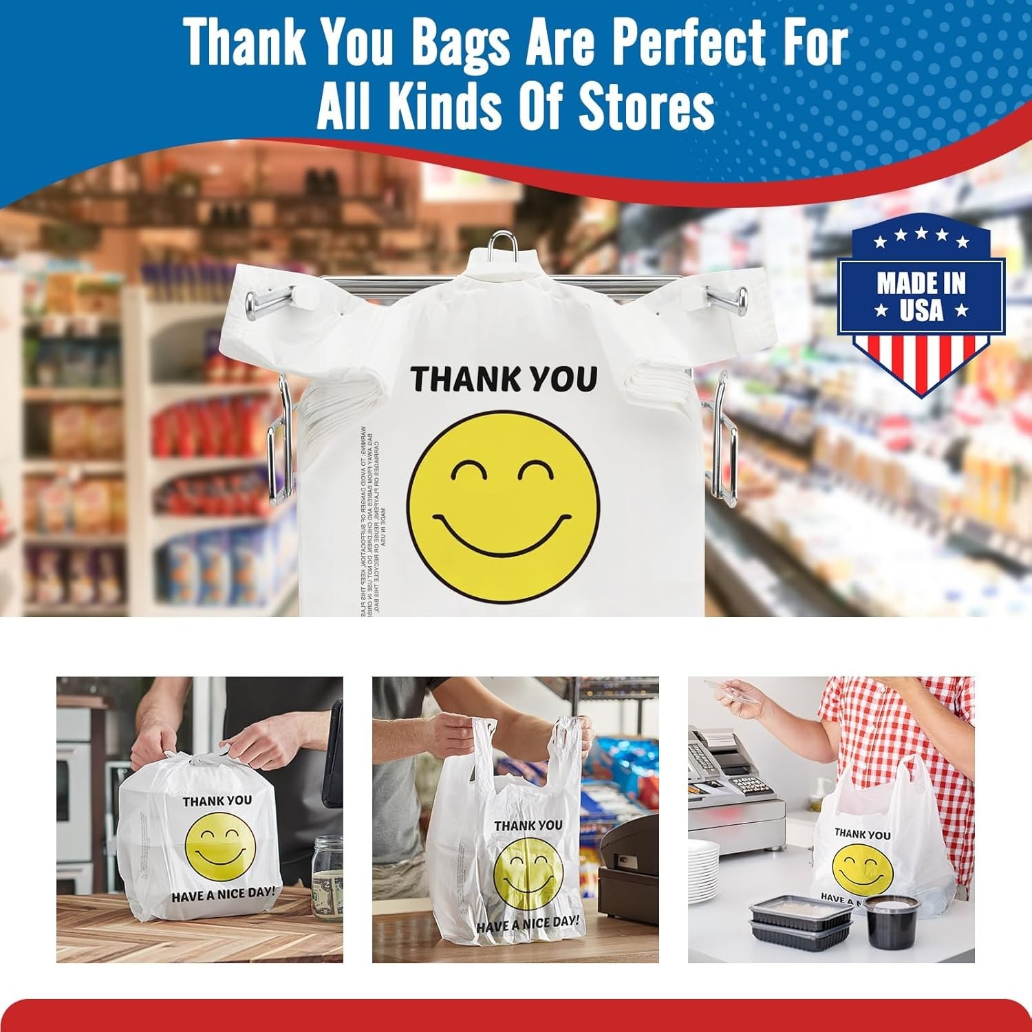 1000 Thank you T-Shirt Bags 1/6 12″ x 6.5″ x 21″, Plastic Grocery Shopping Bags
