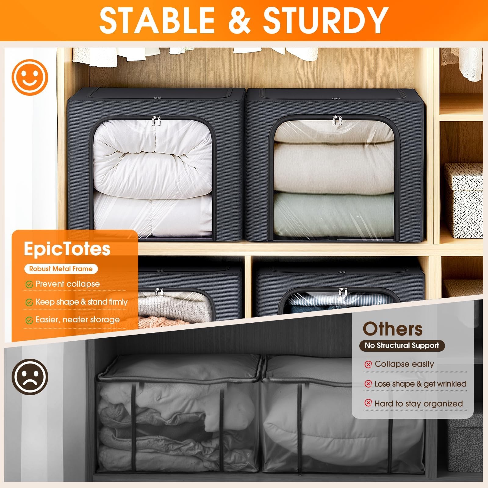 3 Pack Clothes Storage Bins with Metal Frame,40L Storage Bags Fabric Box Orga…