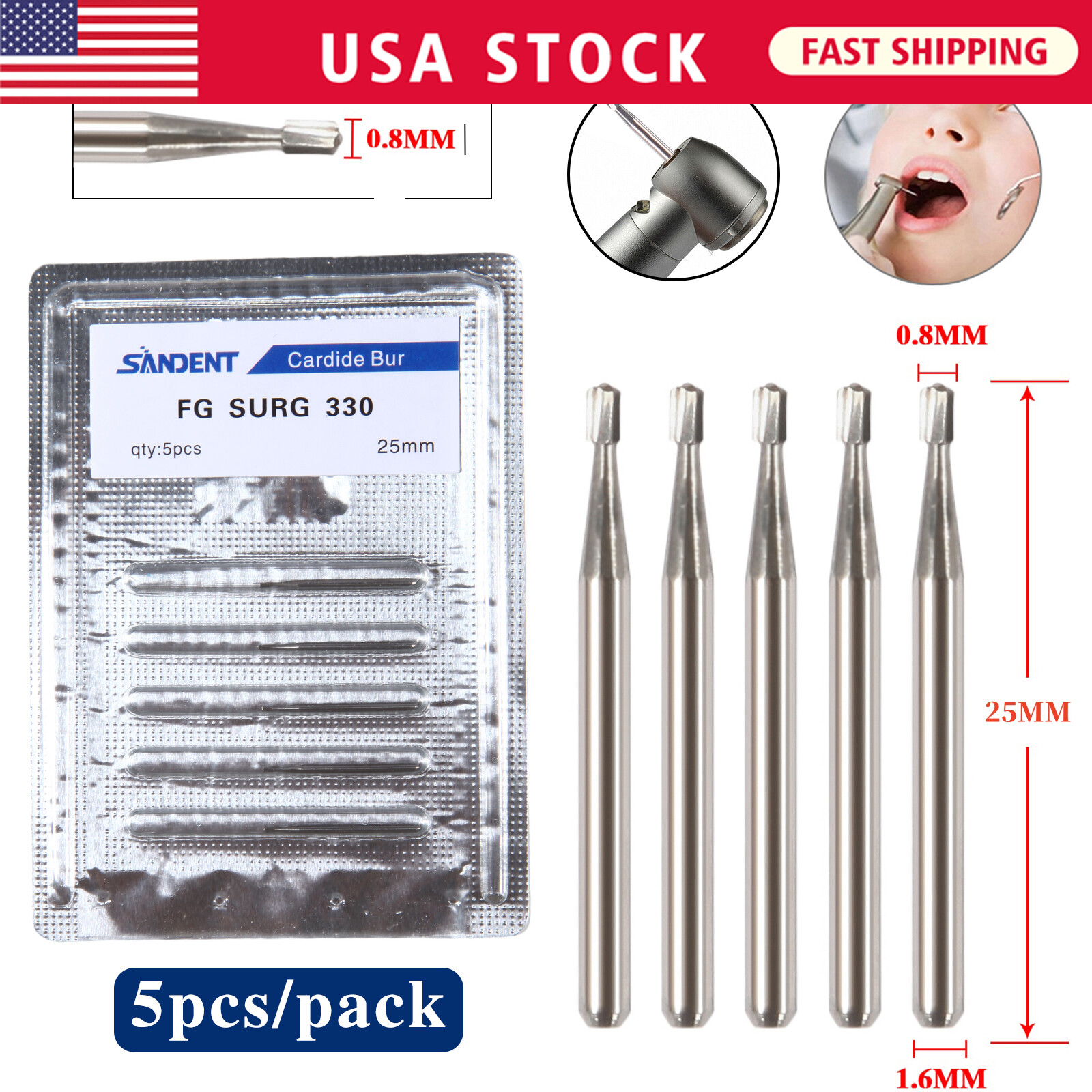 FG # 330 Dental Surgical Carbide Burs 25mm (100pcs=10 Packs)