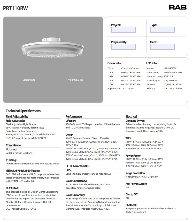 RAB Porto Field Adjustable LED Garage Light 110W/95W/80W 3500K/4000K/5000K Round