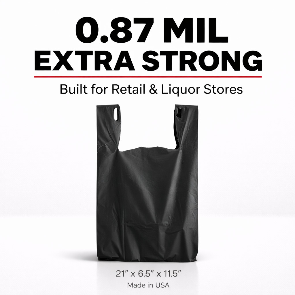 Heavy Duty Black Shopping T-Shirt Bags 1/6 21×6.5×11.5 0.87 Mil Grocery USA