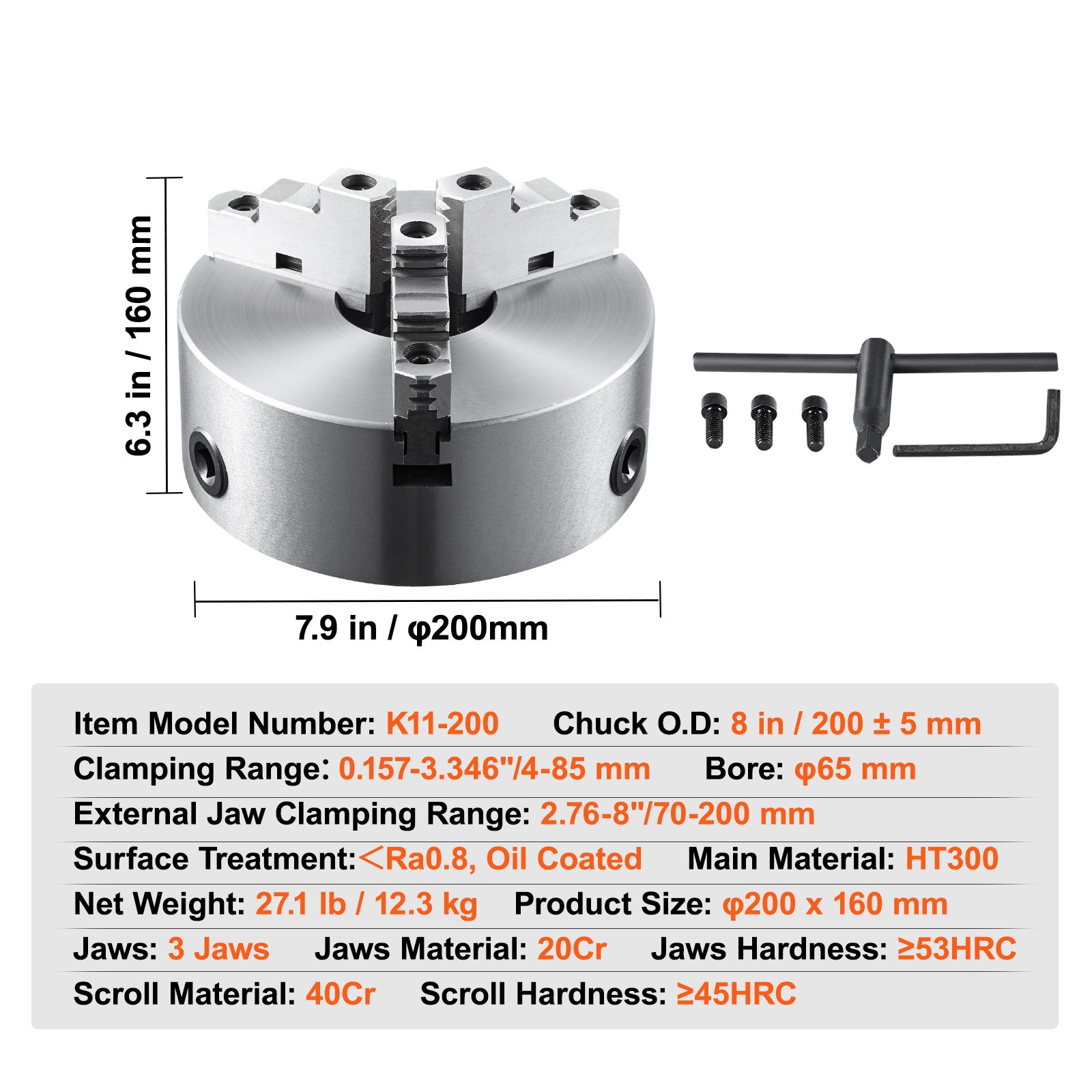 VEVOR 8” 3-Jaw Lathe Chuck Self-Centering Lathe Chuck for Grinding Drilling