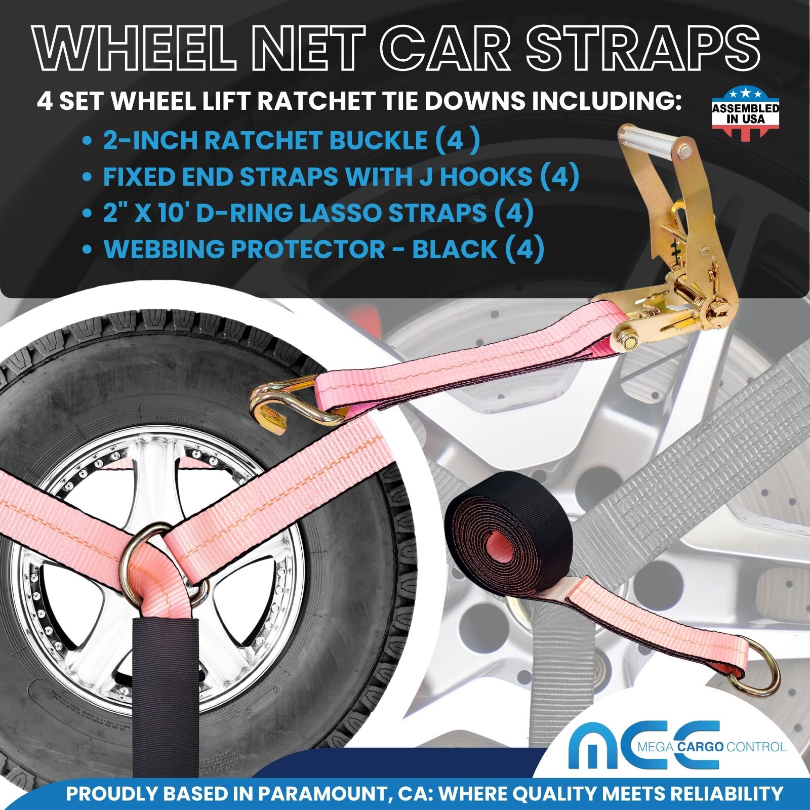 USA 4 Pack 2″ x 10′ Side Mount Wheel Net Tie Down Kit w/Wire J Hook Auto Hauler
