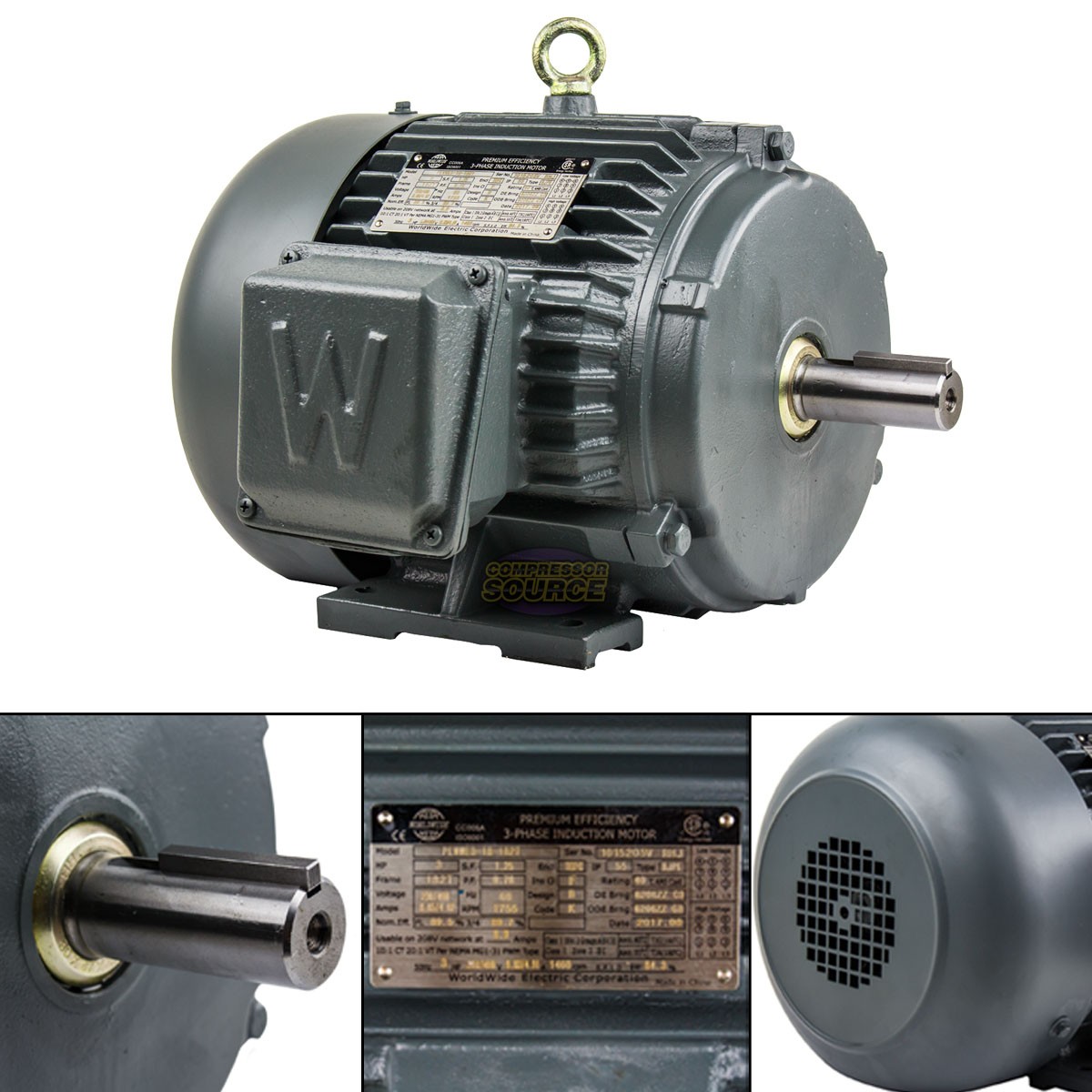 3 HP 3 Phase Electric Motor 1800 RPM 182T Frame TEFC 230/460V Premium Efficiency