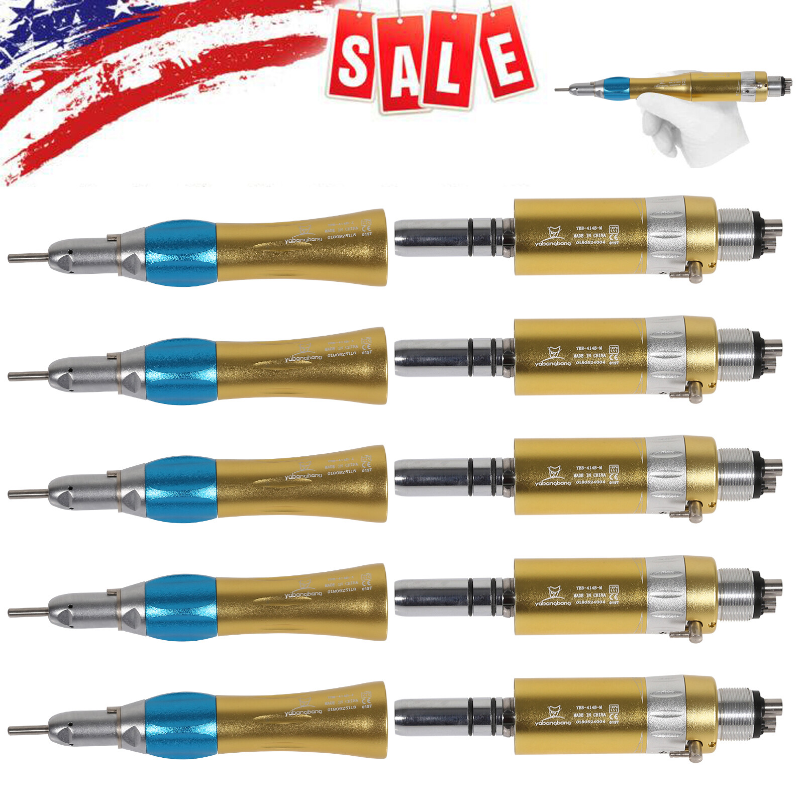 1-10 NSK Style Dental Straight Nosecone Handpiece / Air Motor 4-Holes Slow Gold