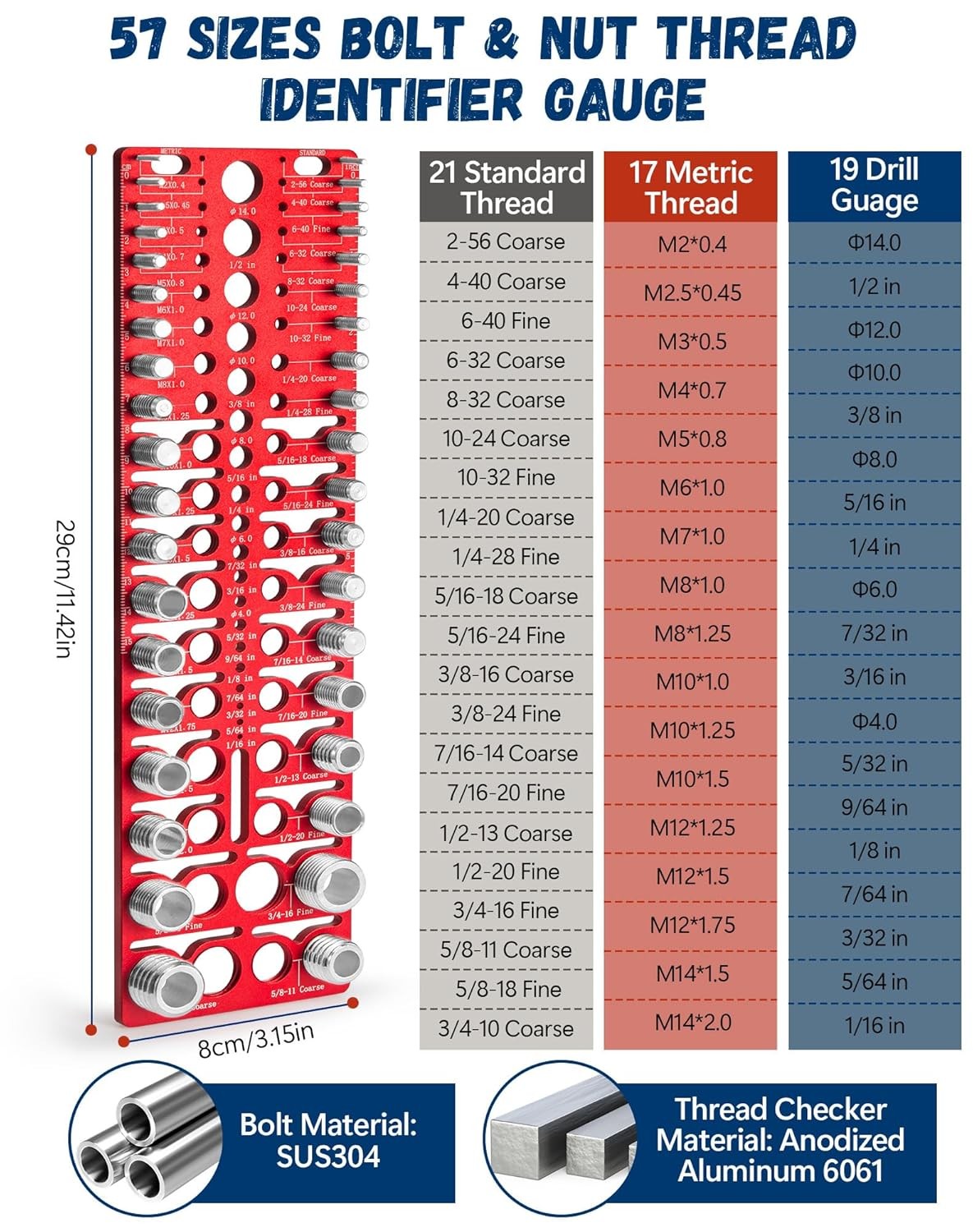 55 Nut and Bolt Thread Checker Thread Checker Standard and Metric