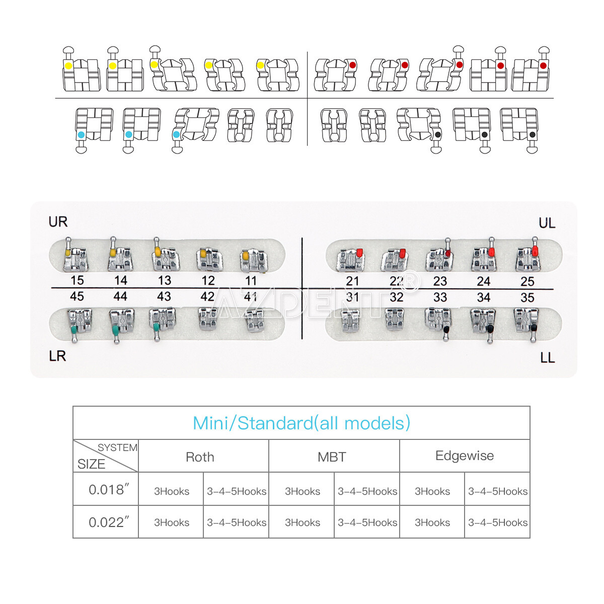 AZDENT Dental Orthodontic Metal Brackets Braces Standard MBT.022 Hooks 345