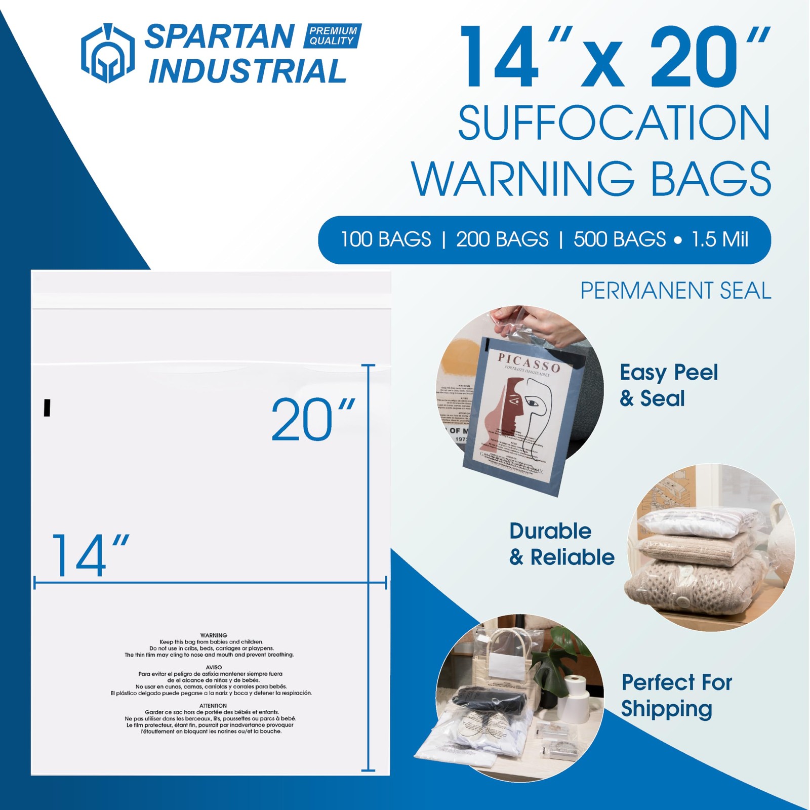Spartan Industrial – 14” X 20” (100 Count) Self Seal Clear Poly Bags with Suffoc