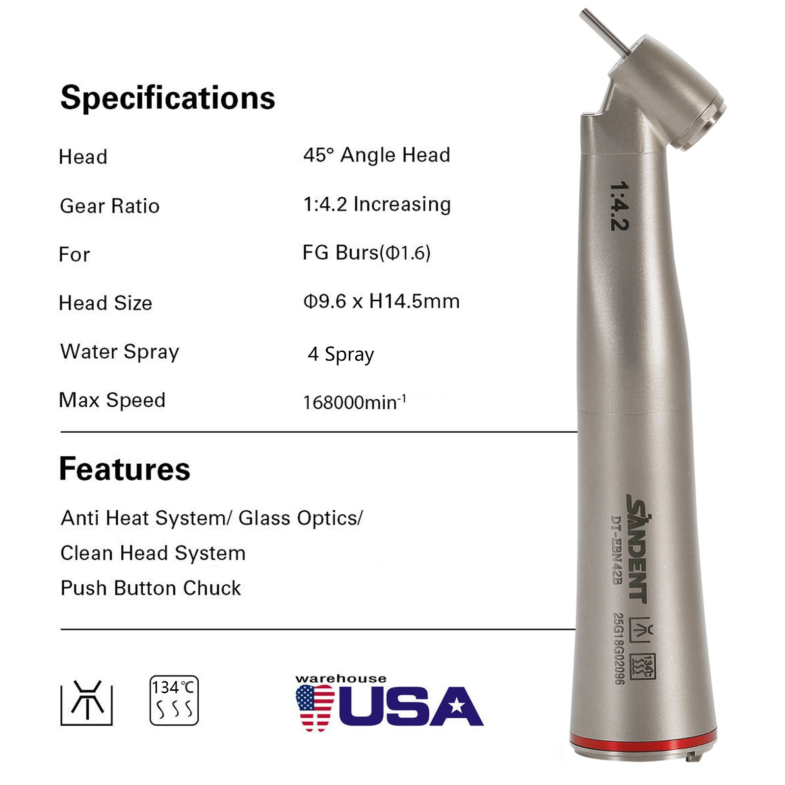 Dental LED Handpiece 1:4.2 Contra Angle 45° LED Fiber Optic Turbine Inner UPS