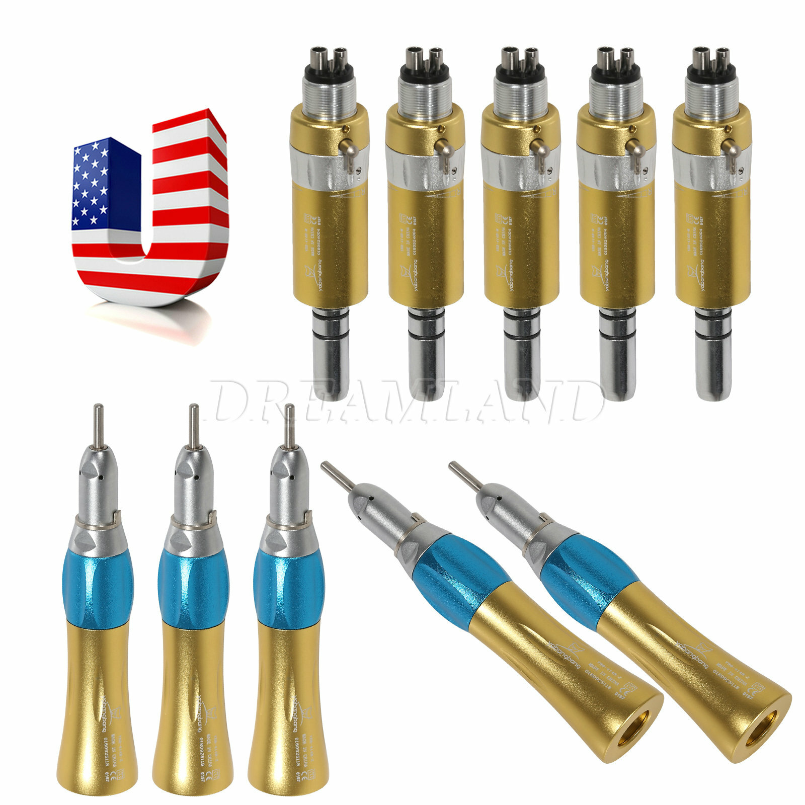 1-5* Gold Dental Straight Handpiece & Air Motor 4-Hole fit NSK Low Speed E-type