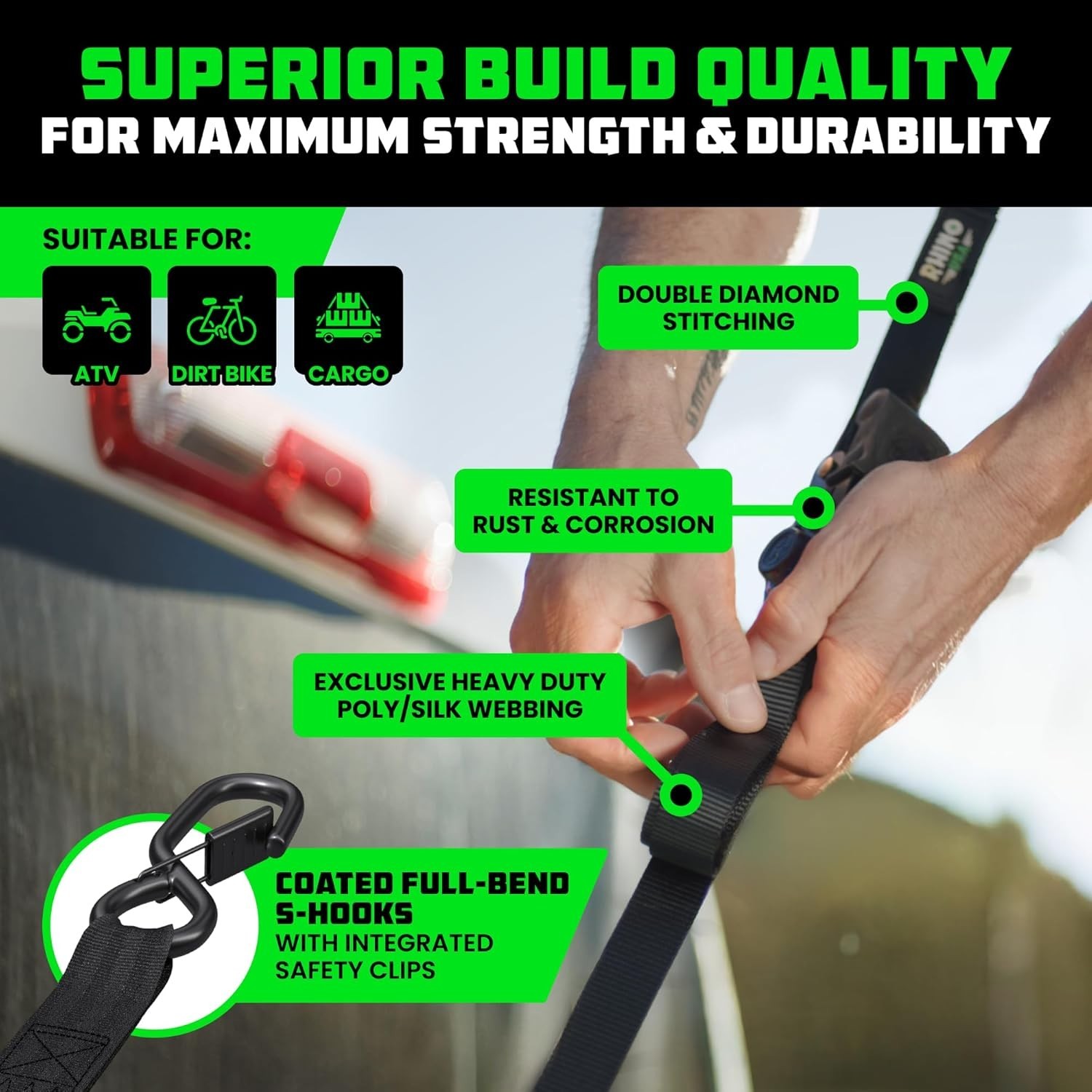 Rhino USA Ratchet Straps Tie Downs (4-Pack) – 1 Inch x 15 Feet (1,823lb Break St