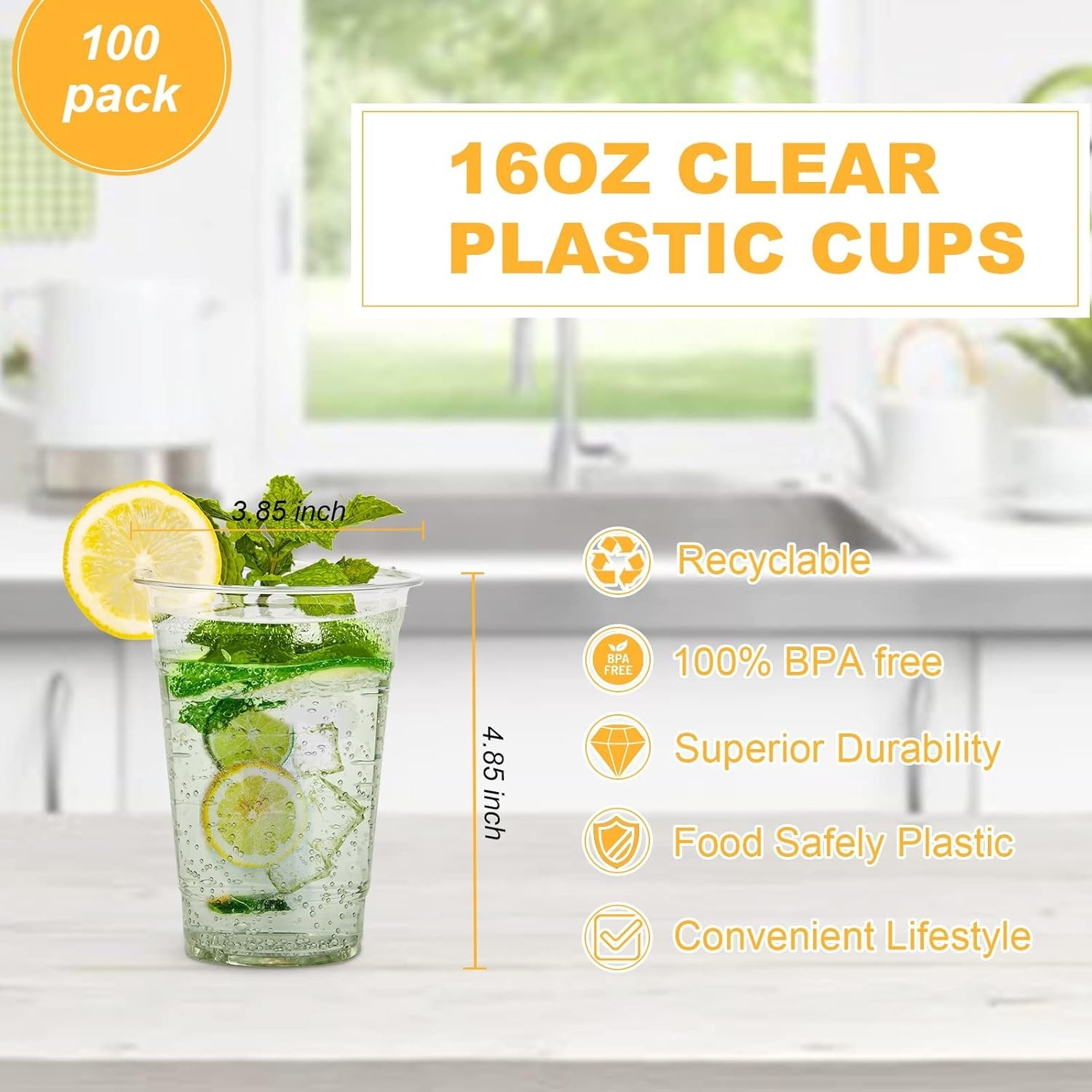 100 Count – 16 Ounce Plastic Cups, Ice Coffee Cups To Go – Crystal Clear PET …