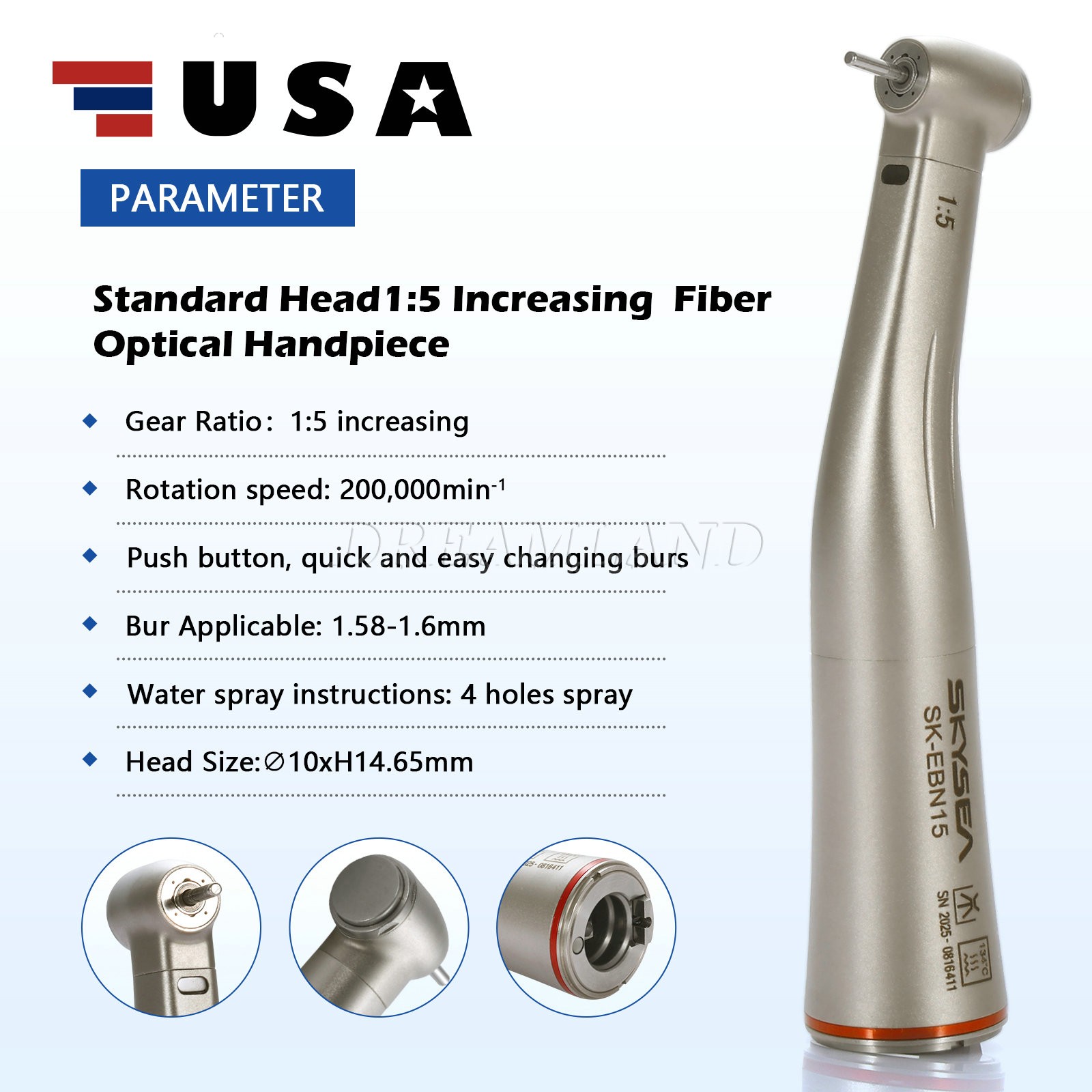 Dental Electric Highspeed Handpiece 1:5 Fiber Optic Contra Angle E-Type SK