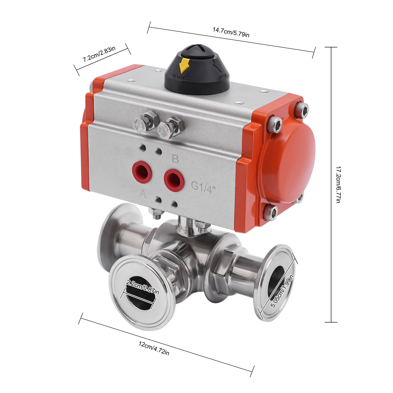 Three way L-port Tri-Clamp Pneumatic Ball Valve 1″ Sanitary Stainless 304 NEW