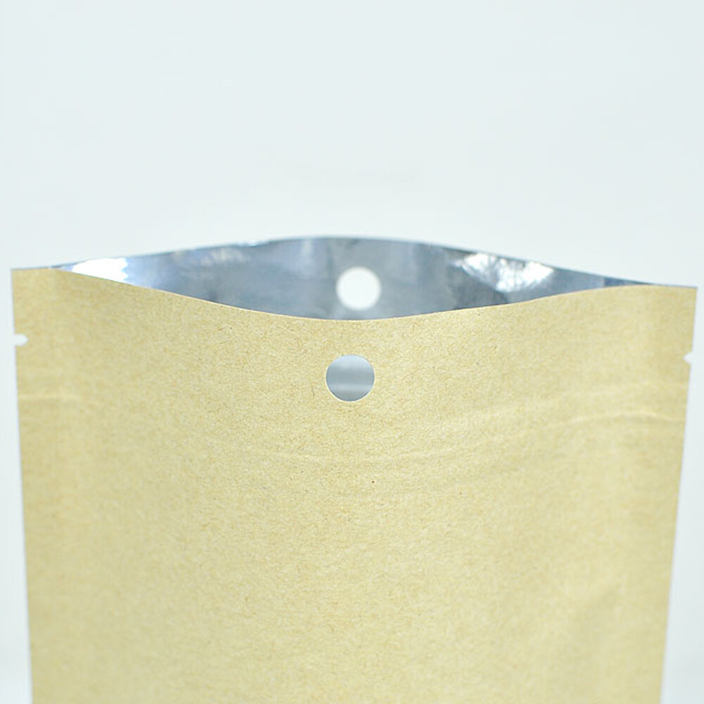 100 Kraft Paper Mylar Stand Up Pouch with Hang Hole Resealable Zipper Food Bags