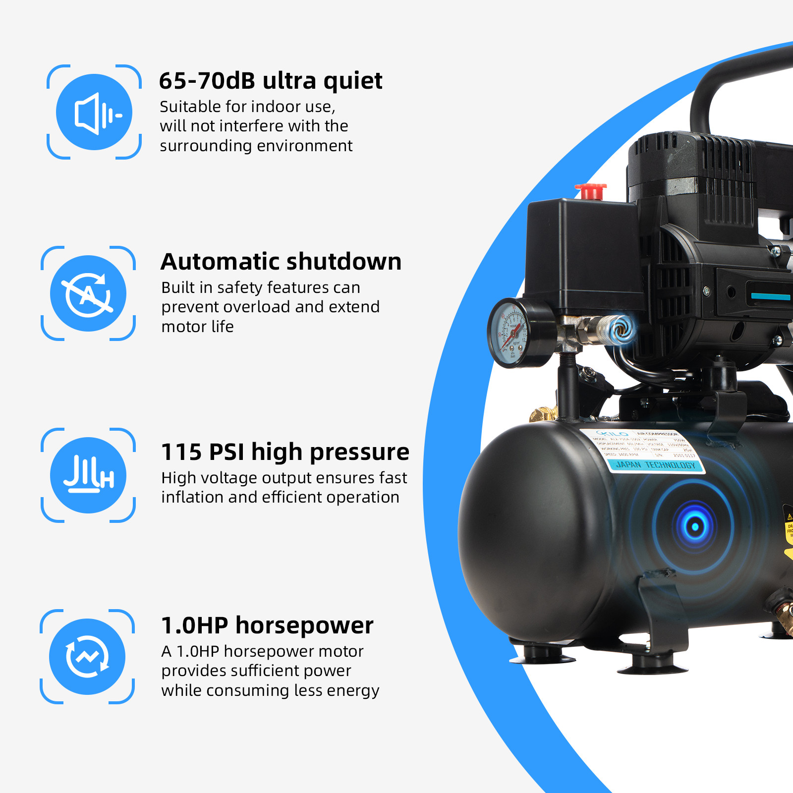 2 Gallon 1.0HP Oil-Free Air Compressor, 100PSI 65dB Quiet for Tire Inflation