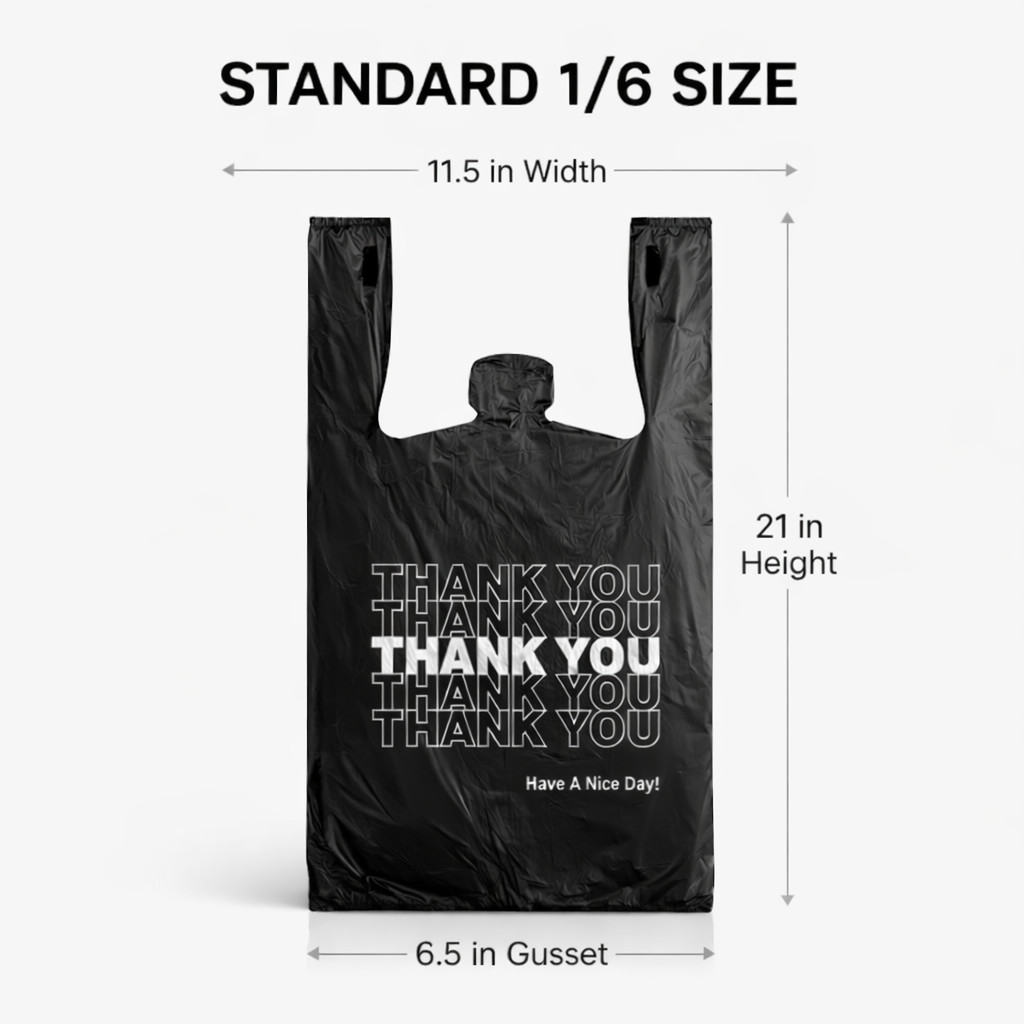 Black 1/6 Thank You T-Shirt Plastic Bags 21×6.5×11.5 0.51 Mil