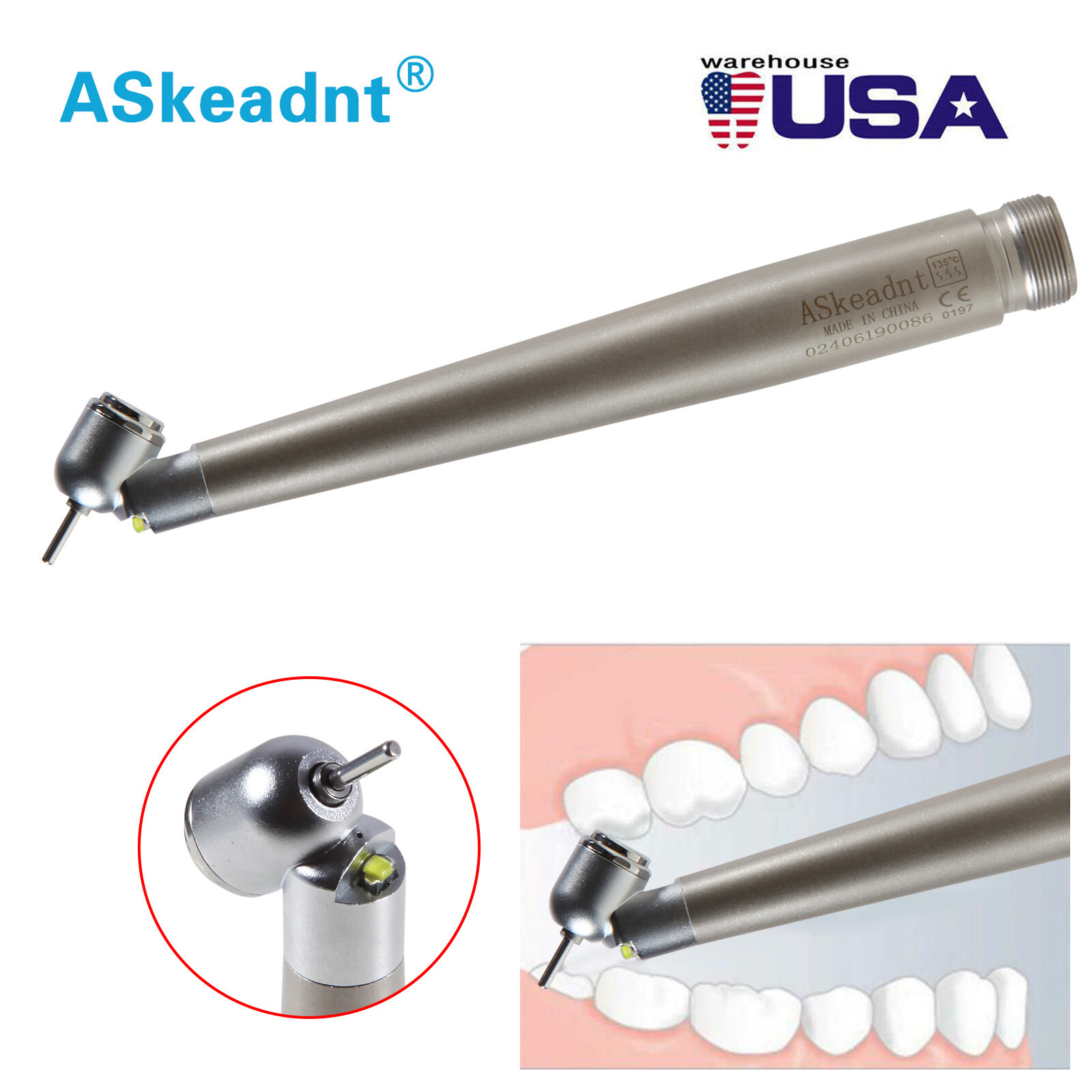 45 Degree Dental LED E-generator 45° Angle High Speed Handpiece 2 Hole ASkeadnt
