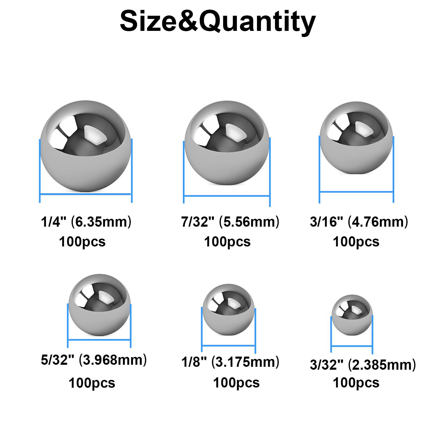 600pcs Bicycle Bearing Balls 6 Sizes 1/4 to 3/32 Loose Steel Ball Bearings Set