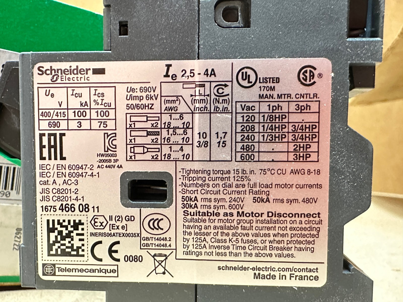 Schneider Elec GV2ME08 Motor Circuit Breaker 2.5-4A 3P