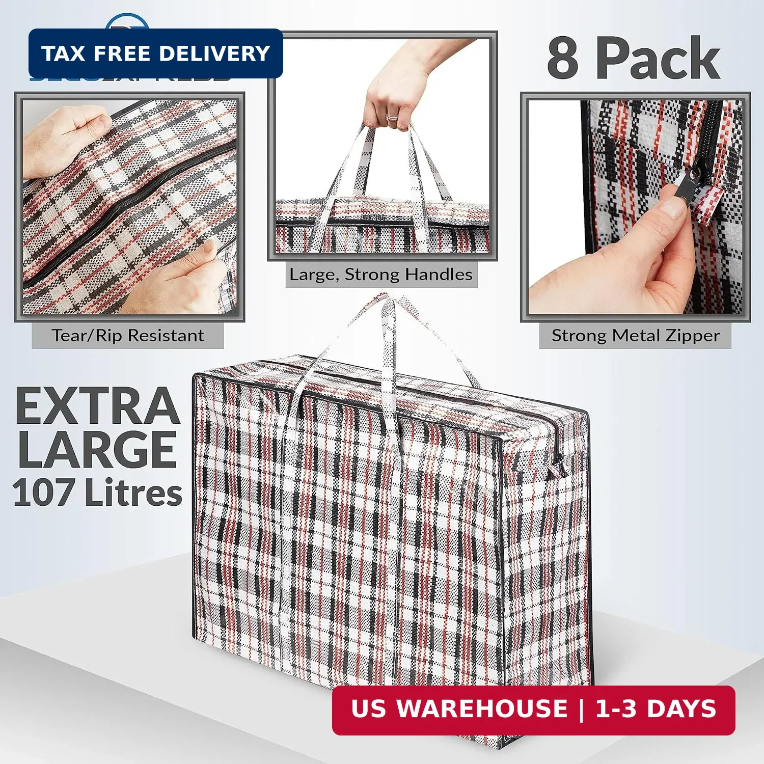8 Pack Heavy Duty Moving Bags with Strong Zipper & Carrying Handles, 107L/ 28 ga