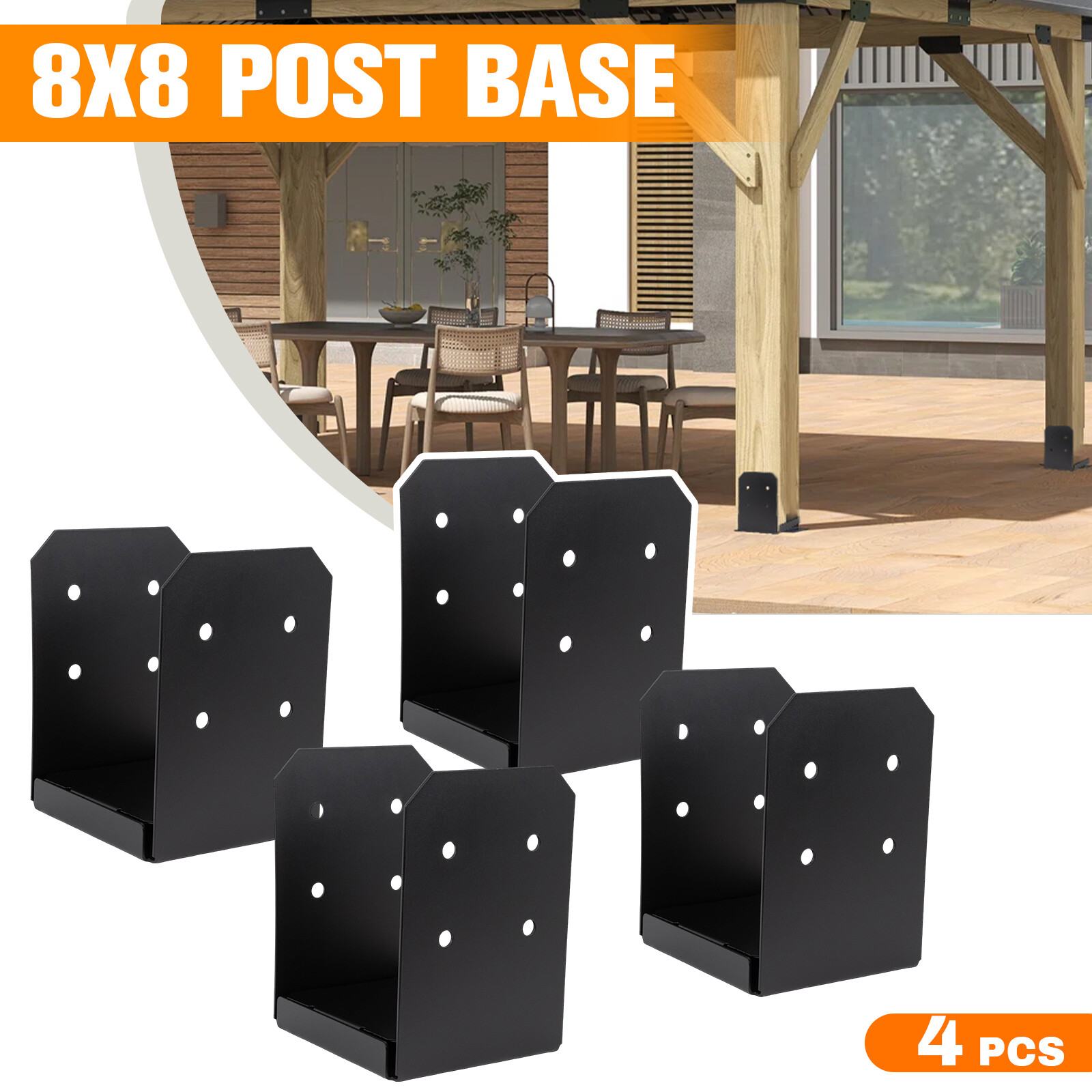 4PACK 8×8 Post Base Bracket for Pergola, Black Powder Coated Steel with Standoff