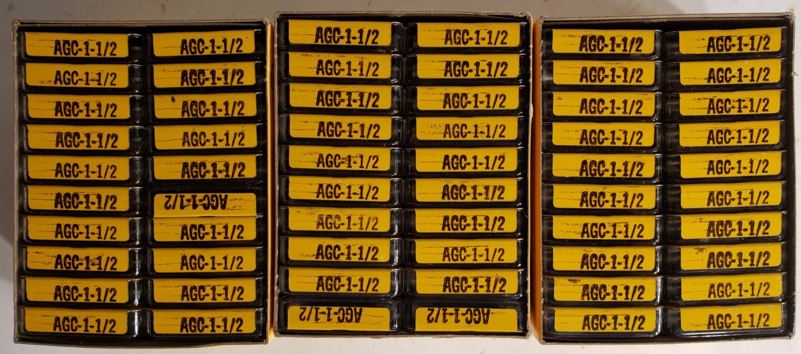 LOT OF 3 100 COUNT BOXS OF BUSS FUSE AGA 1- 1/2 (300 FUSES TOTALS).