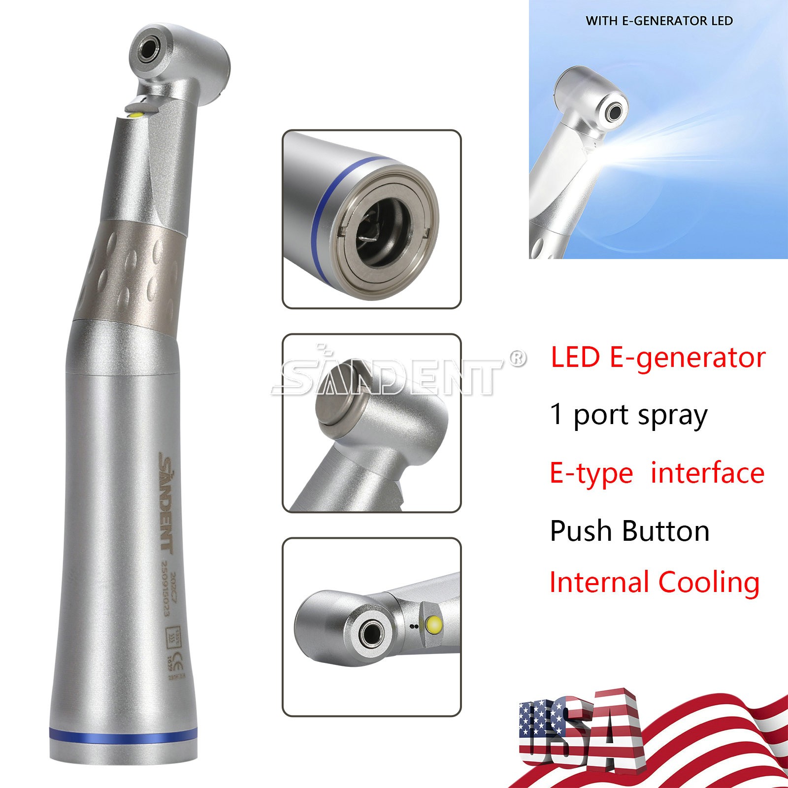 SANDENT Dental 1:1 LED Contra Angle Handpiece E-generator Push button Inner dt