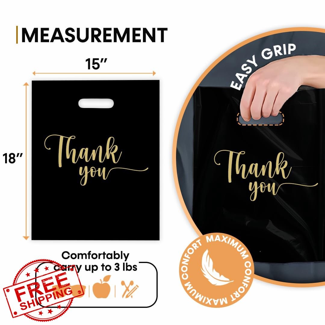 MMSBAGS 100 Black/GoldTY Plastic Bags 15×18″