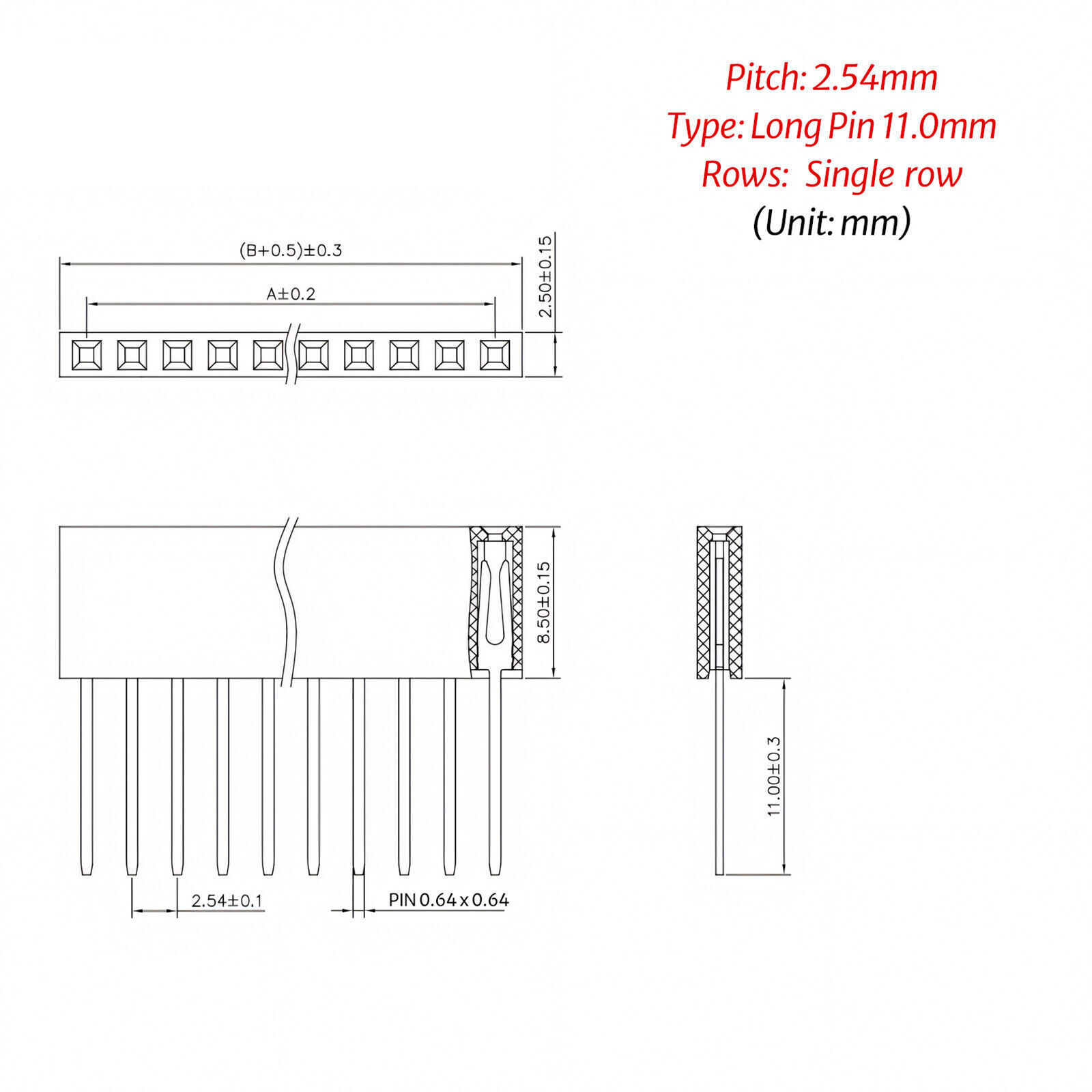 2.54mm 0.1″ PCB Header Vertical Female Socket Connector, Single/Double Row Pin