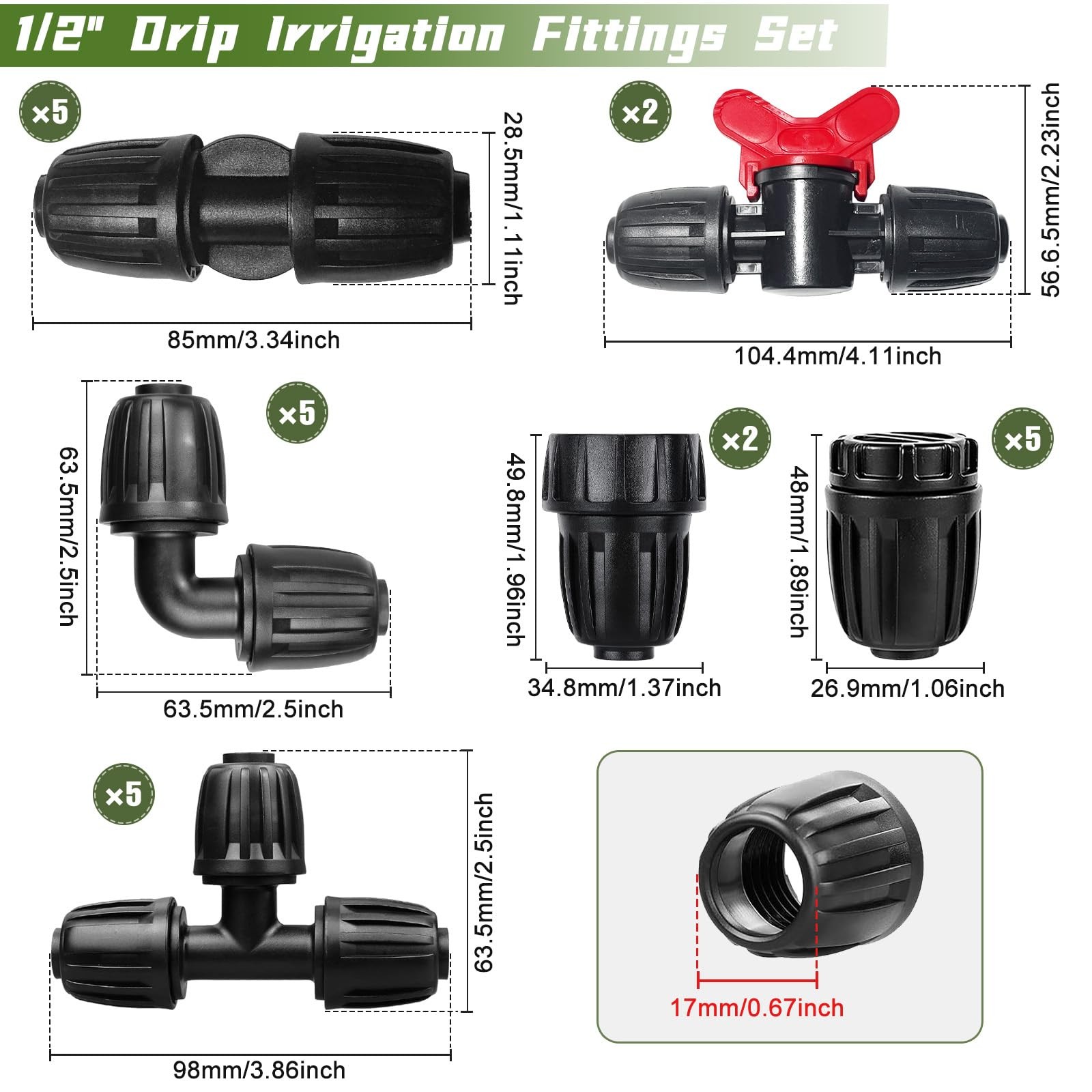24 Pack 1/2 Inch Drip Irrigation Fittings Kits, 3/4″ to 1/2″ Adapter and Tee …