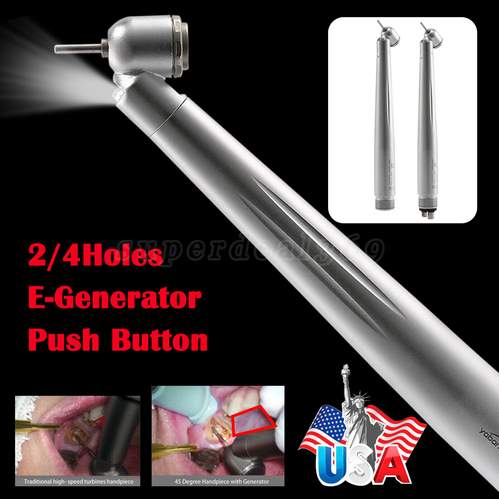 45° Degree Dental Surgical High Speed Handpiece Push 4Hole LED E-generator OR