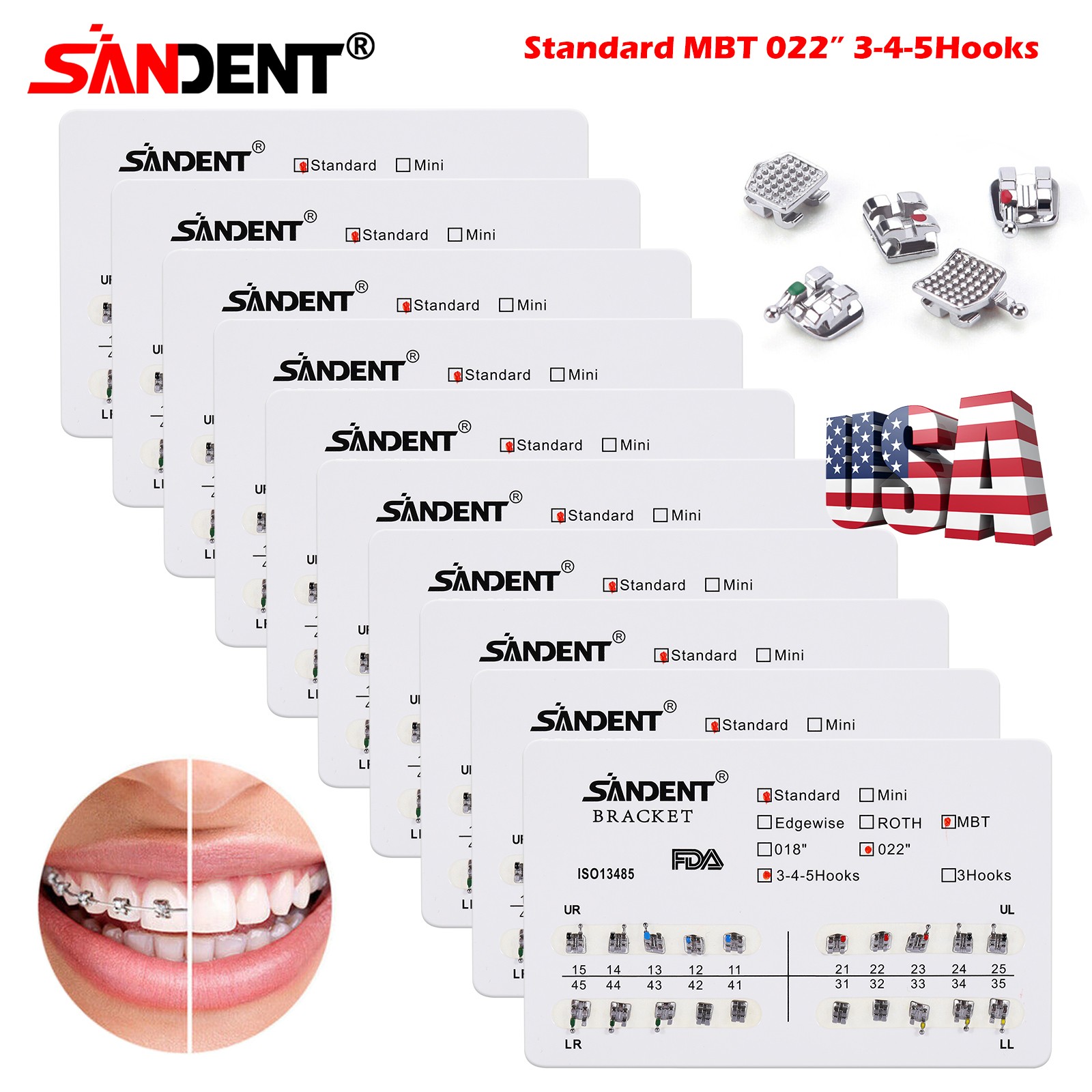 10x SANDENT Dental Orthodontics Brackets Brace Standard MBT 0.022″ Hooks 3-4-5