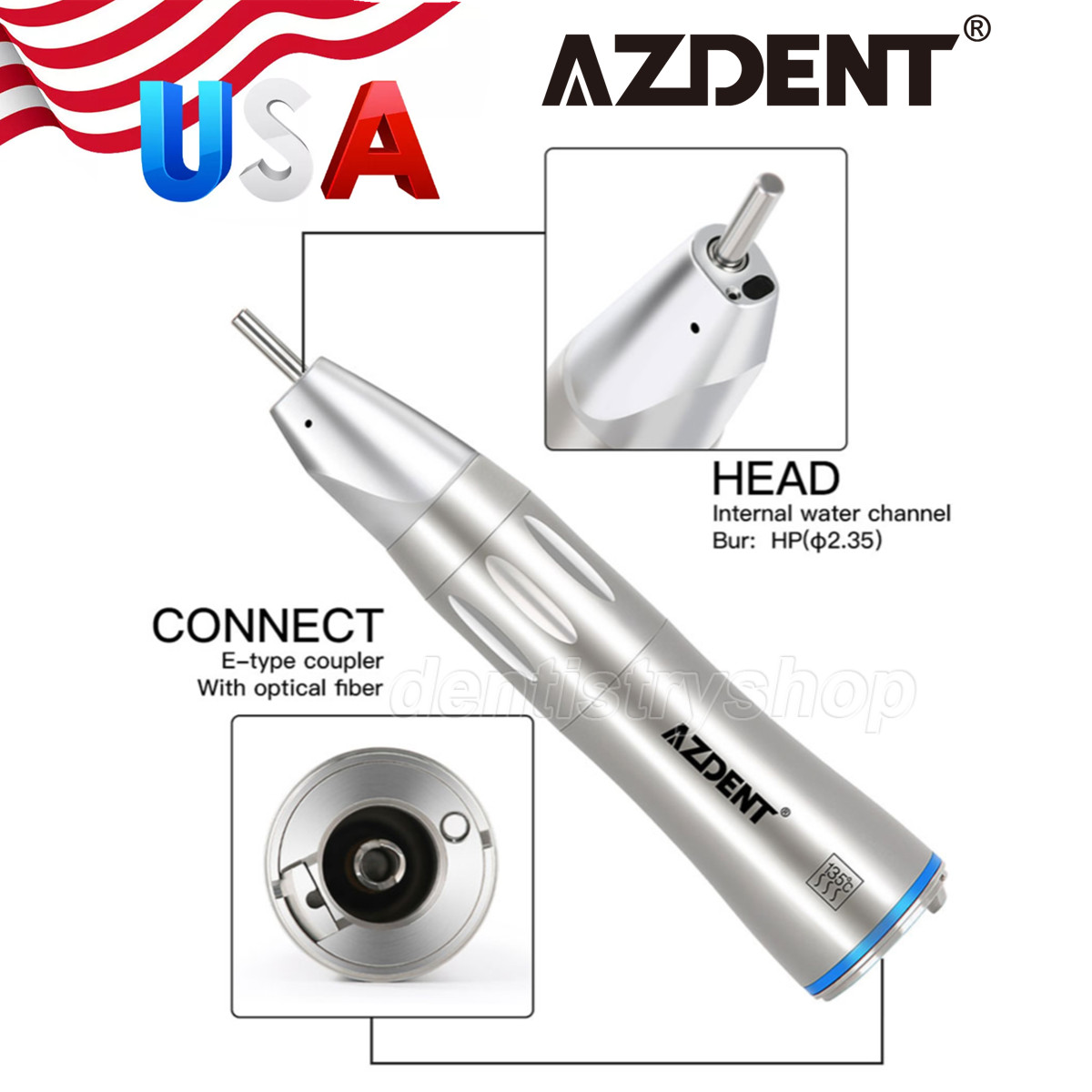 AZDENT Dental Optic Fiber LED Low Speed Handpiece 1:1 Straight Inner Water Spray