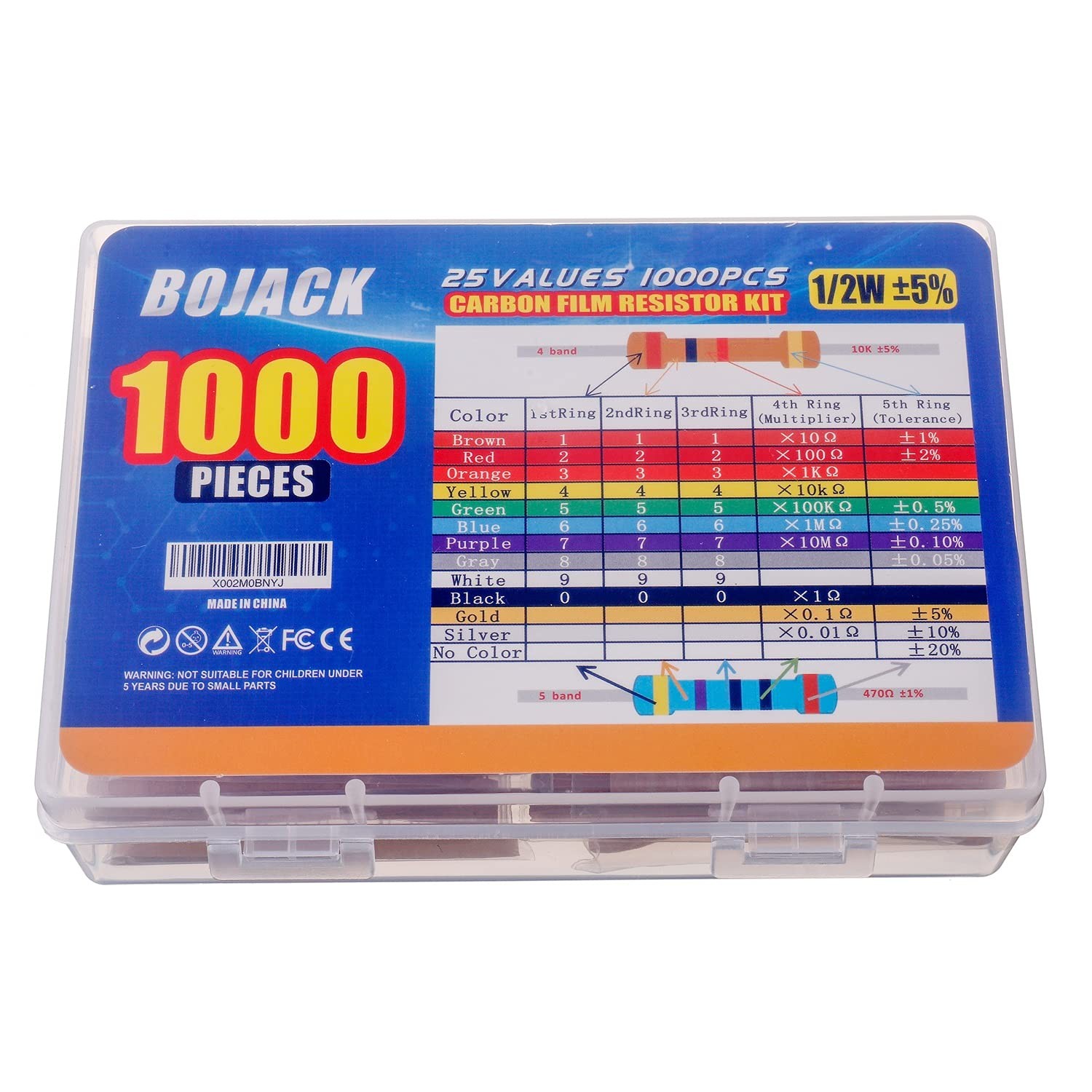 1000 Pieces 1/2 Watt Resistor Kit Assortment in Compartmentalized Storage Box