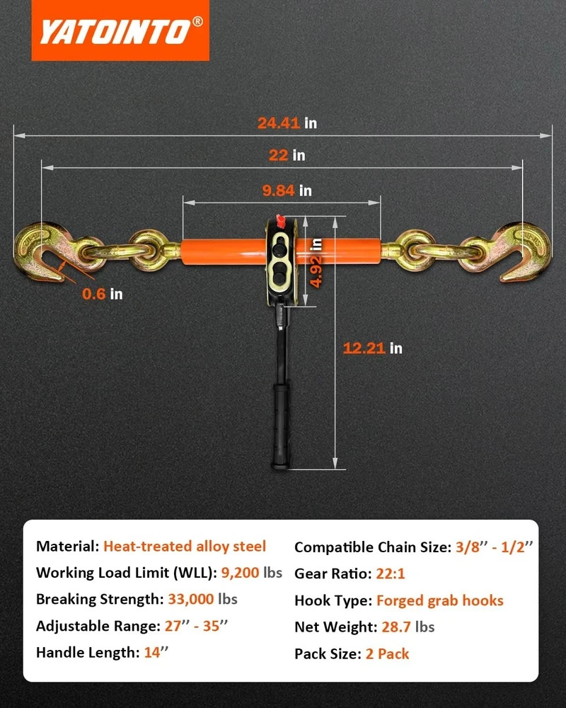 YATOINTO Load Binder 3/8-1/2 Chain 9200 lbs SWL 2 Pack Electric Torque
