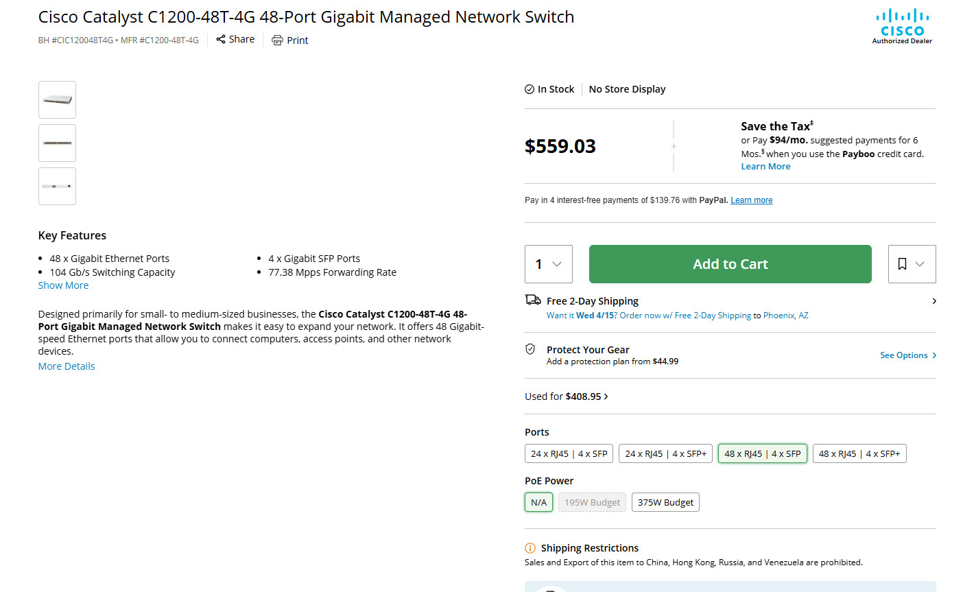 Cisco Catalyst 1200-48T-4G Switch 48 Ports GE 4x1GE SFP C1200-48T-4G # Y 3090G