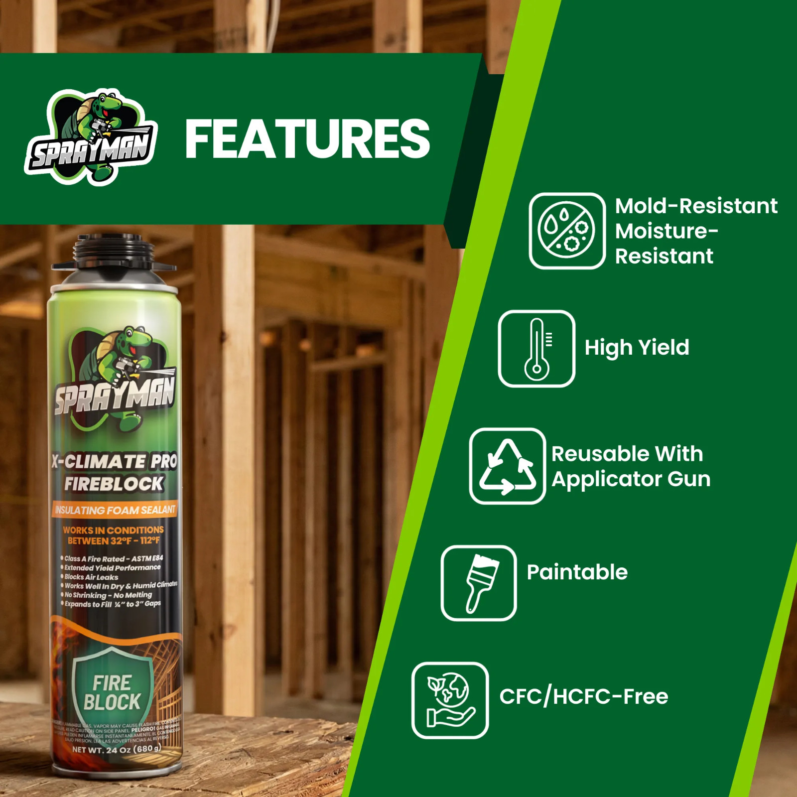Sprayman X-Climate Pro Fire Block Foam Sealant 24oz 660g, 1 Pack – Gun Incl. Set