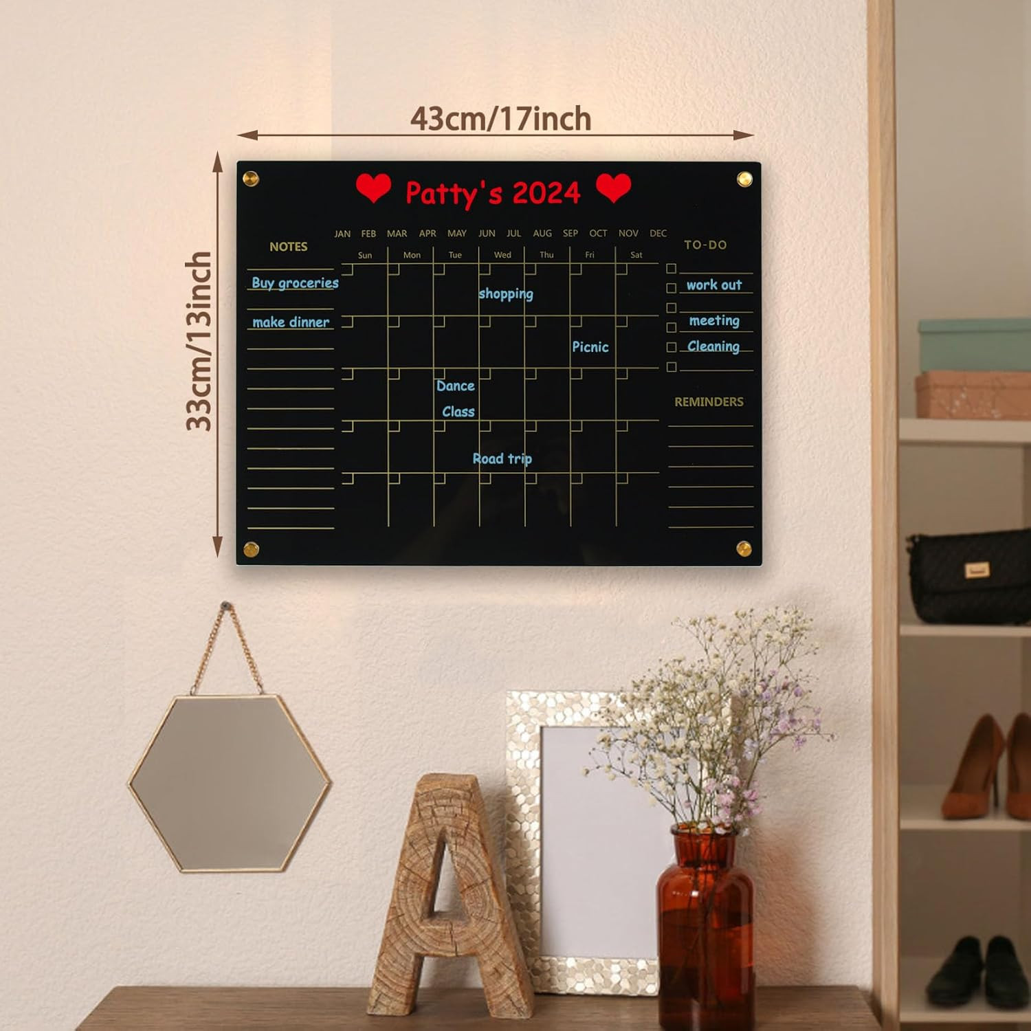 Black Acrylic Calendar Dry Erase for Wall, Family Planner, Monthly Calendar Dry